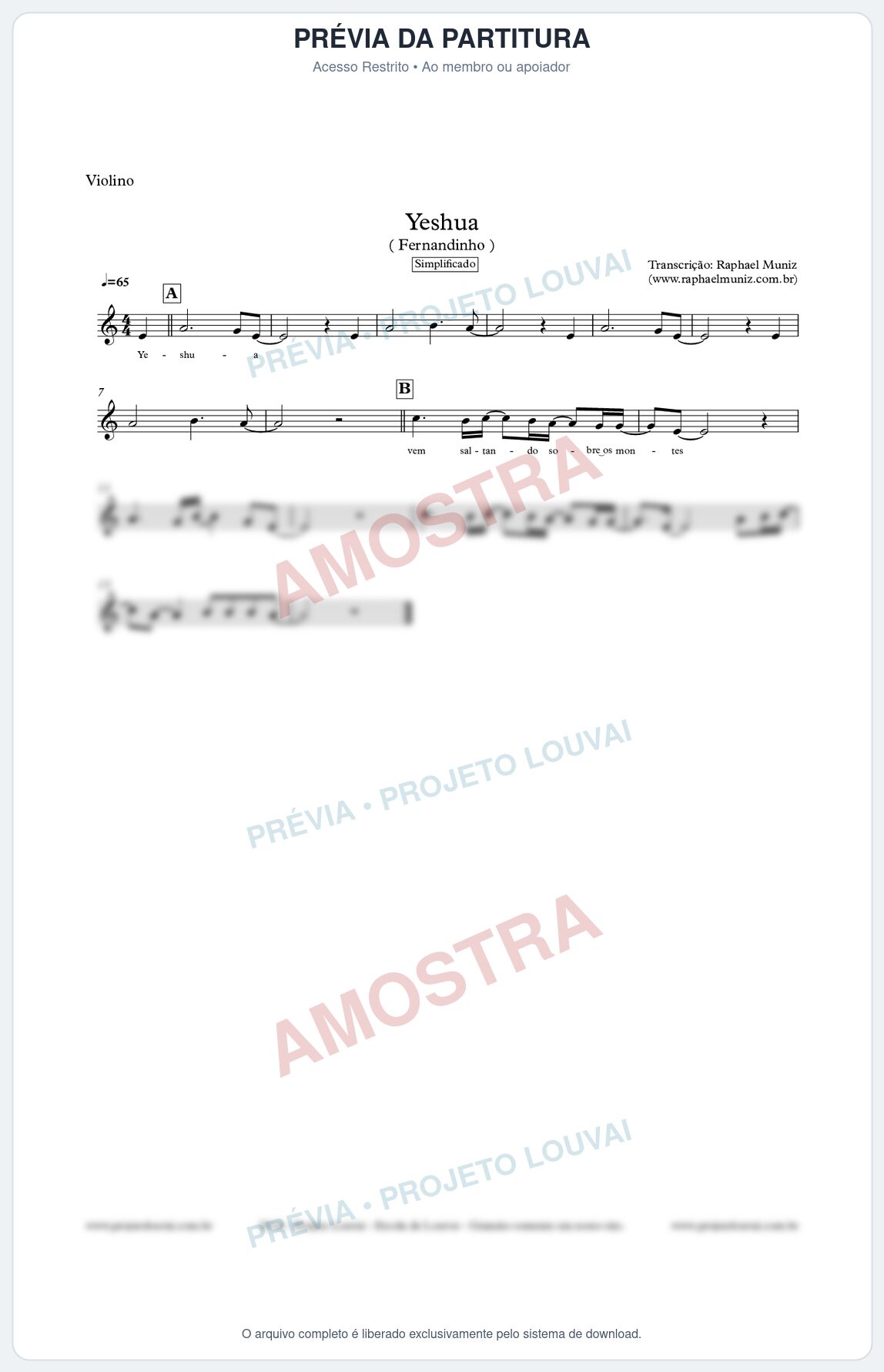 Prévia protegida da primeira página da partitura Partitura para Violino - Yeshua (Simplificado) - Fernandinho