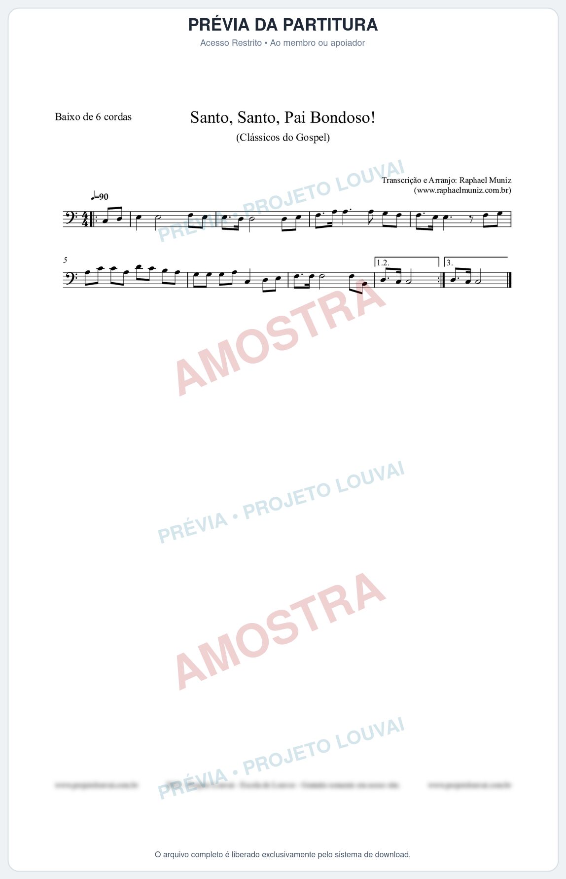 Prévia protegida da primeira página da partitura Partitura para Baixo de 6 cordas - Santo, Santo, Pai Bondoso! - HCC nº4 - Clássicos do Gospel