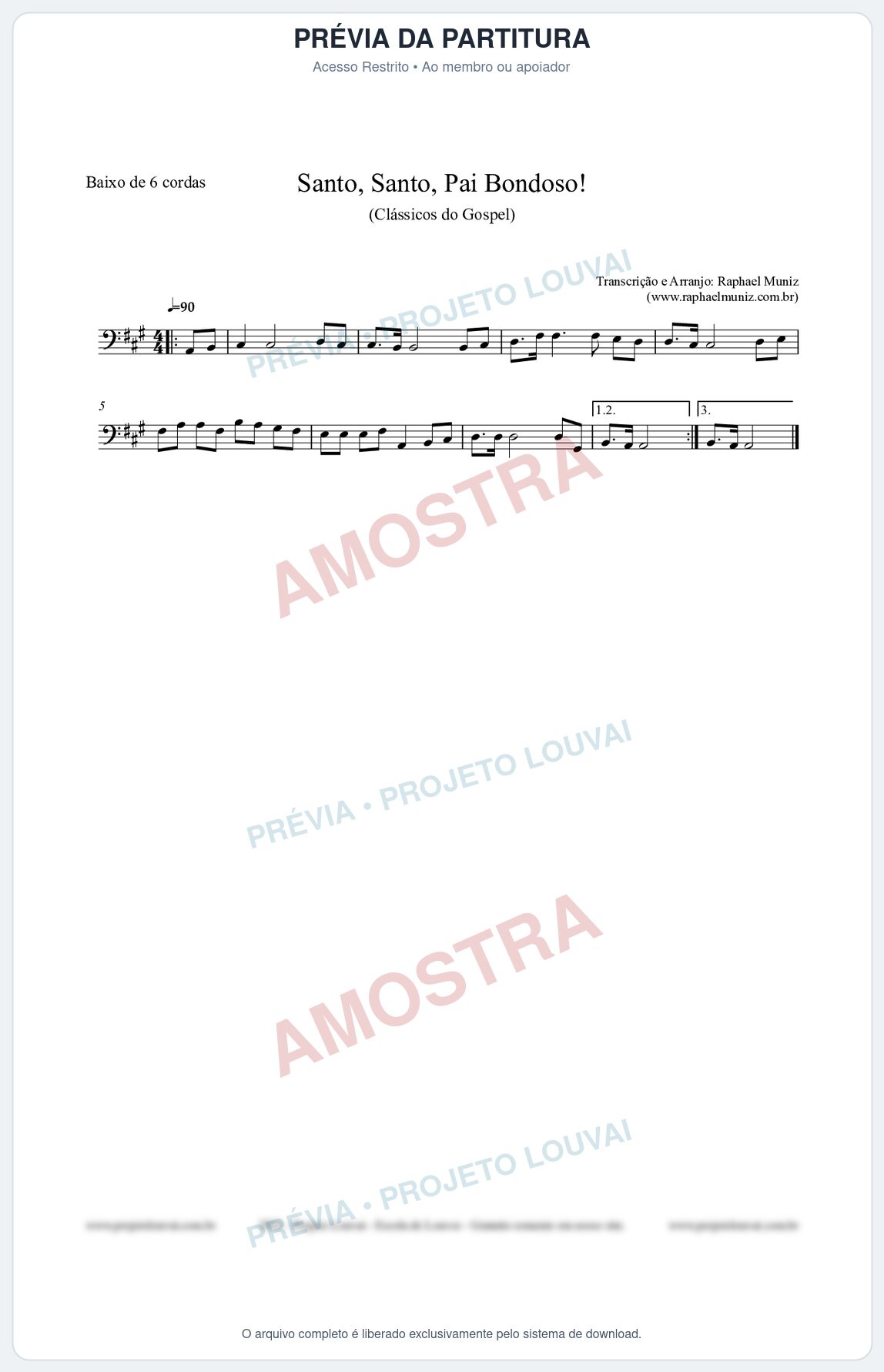 Prévia protegida da primeira página da partitura Partitura para Baixo de 6 cordas - Santo, Santo, Pai Bondoso! - HCC nº4 - Clássicos do Gospel