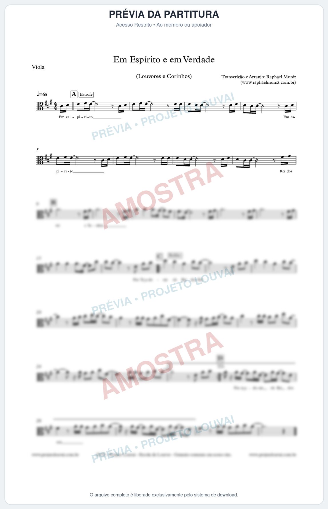 Prévia protegida da primeira página da partitura Partitura para Viola - Em Espírito e em Verdade - Louvores e Corinhos Gospel