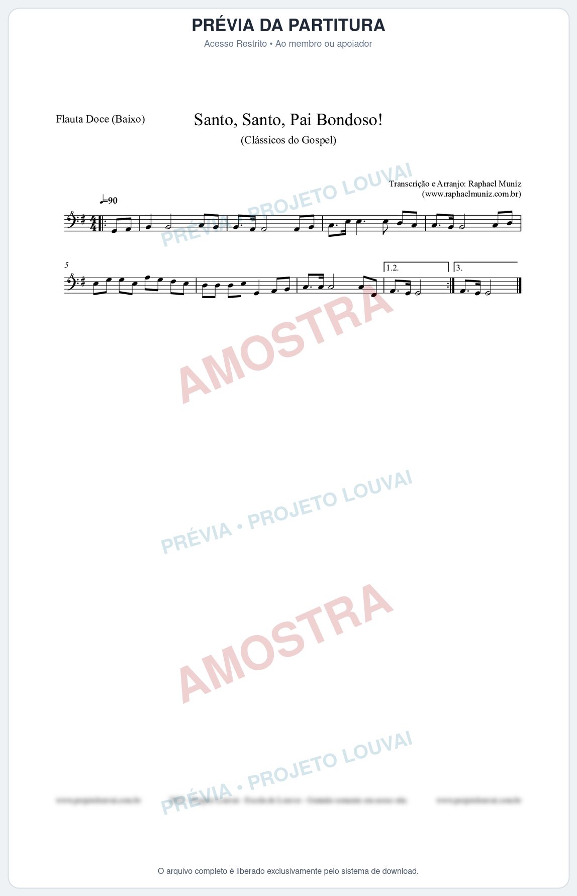 Prévia protegida da primeira página da partitura Partitura para Flauta Doce (Baixo) - Santo, Santo, Pai Bondoso! - HCC nº4 - Clássicos do Gospel