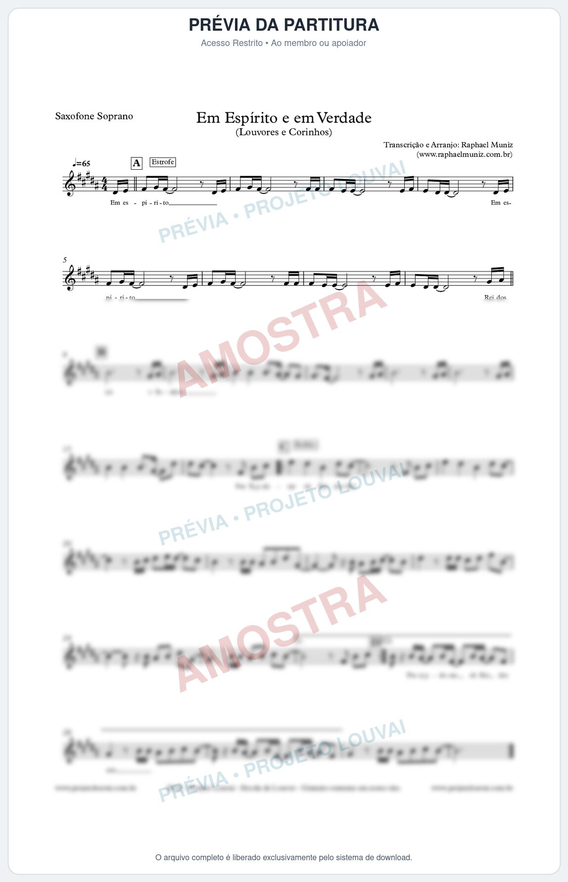 Prévia protegida da primeira página da partitura Partitura para Sax Soprano - Em Espírito e em Verdade - Louvores e Corinhos Gospel