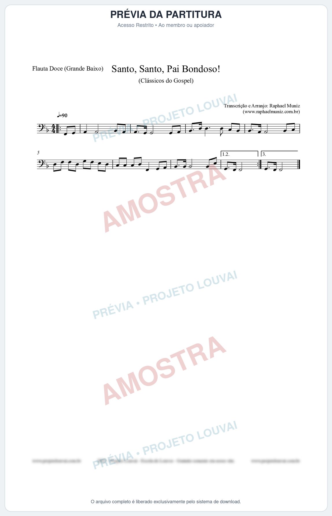 Prévia protegida da primeira página da partitura Partitura para Flauta Doce (Grande Baixo) - Santo, Santo, Pai Bondoso! - HCC nº4 - Clássicos do Gospel
