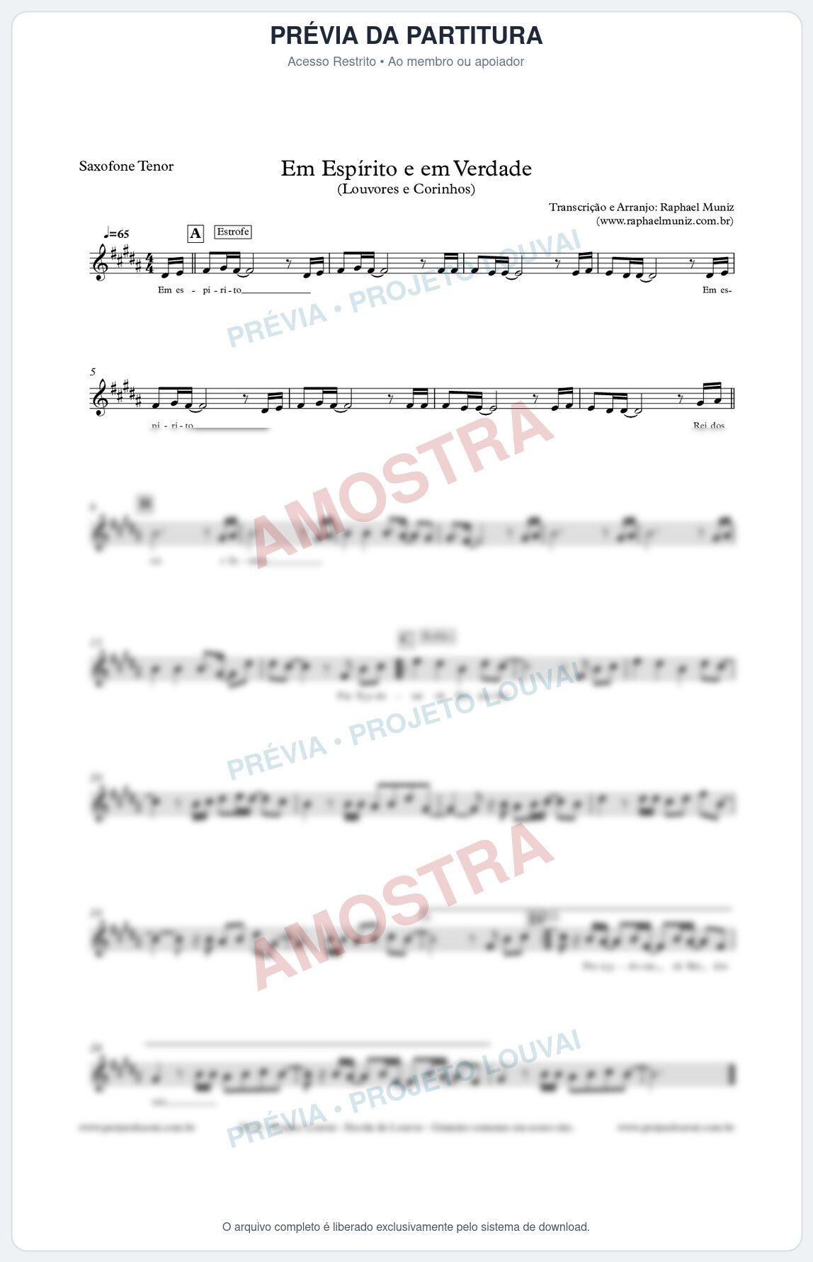 Prévia protegida da primeira página da partitura Partitura para Sax Tenor - Em Espírito e em Verdade - Louvores e Corinhos Gospel