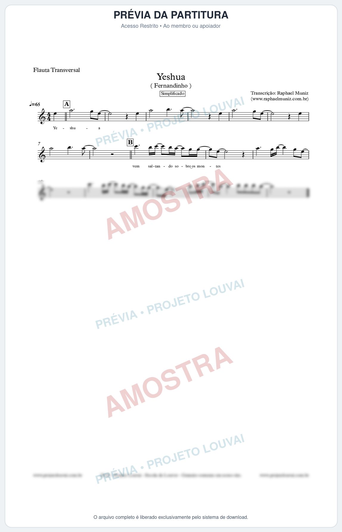 Prévia protegida da primeira página da partitura Partitura para Flauta Transversal - Yeshua (Simplificado) - Fernandinho