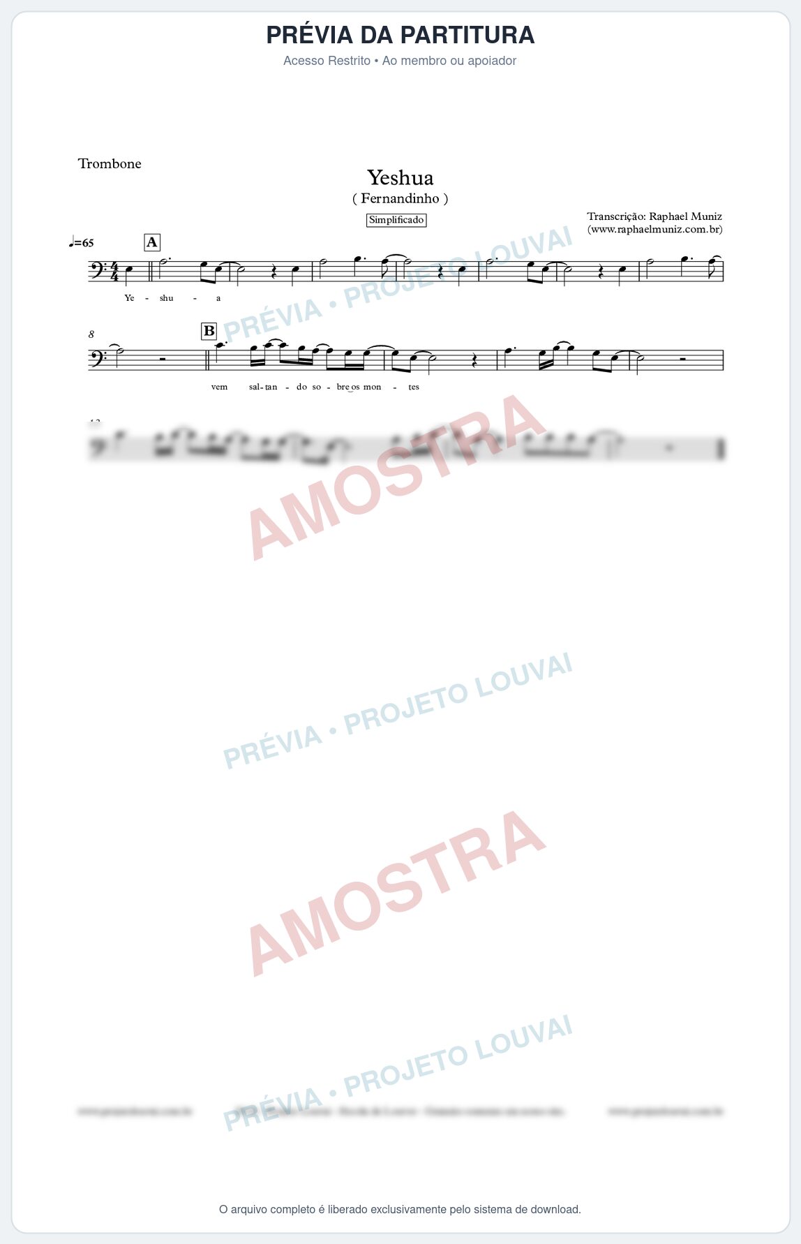 Prévia protegida da primeira página da partitura Partitura para Trombone - Yeshua (Simplificado) - Fernandinho
