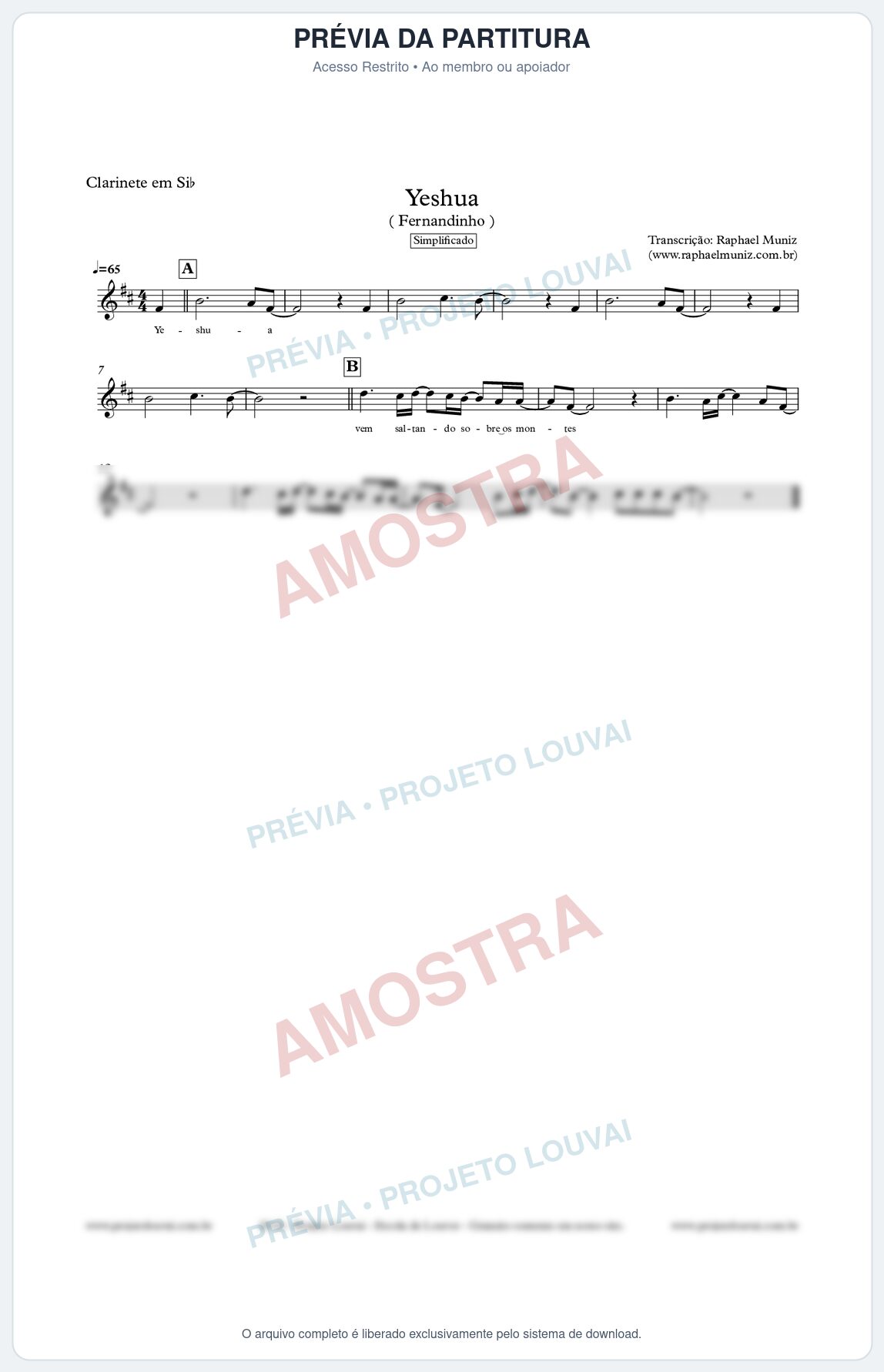 Prévia protegida da primeira página da partitura Partitura para Clarinete - Yeshua (Simplificado) - Fernandinho