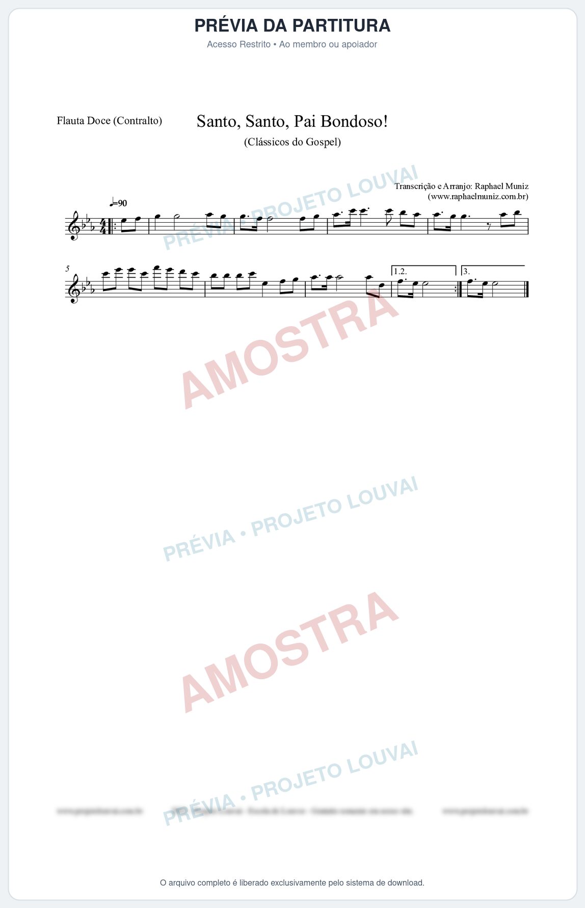 Prévia protegida da primeira página da partitura Partitura para Flauta Doce (Contralto) - Santo, Santo, Pai Bondoso! - HCC nº4 - Clássicos do Gospel