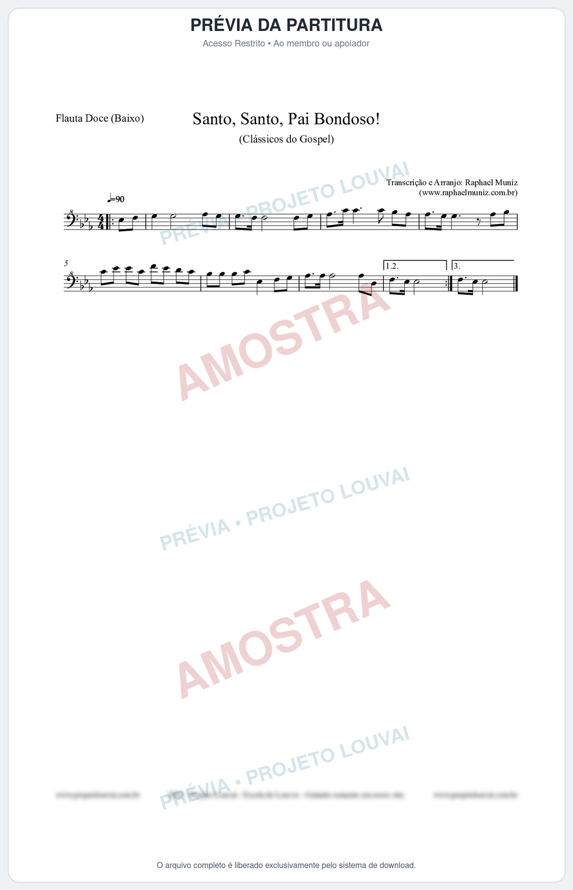 Prévia protegida da primeira página da partitura Partitura para Flauta Doce (Baixo) - Santo, Santo, Pai Bondoso! - HCC nº4 - Clássicos do Gospel