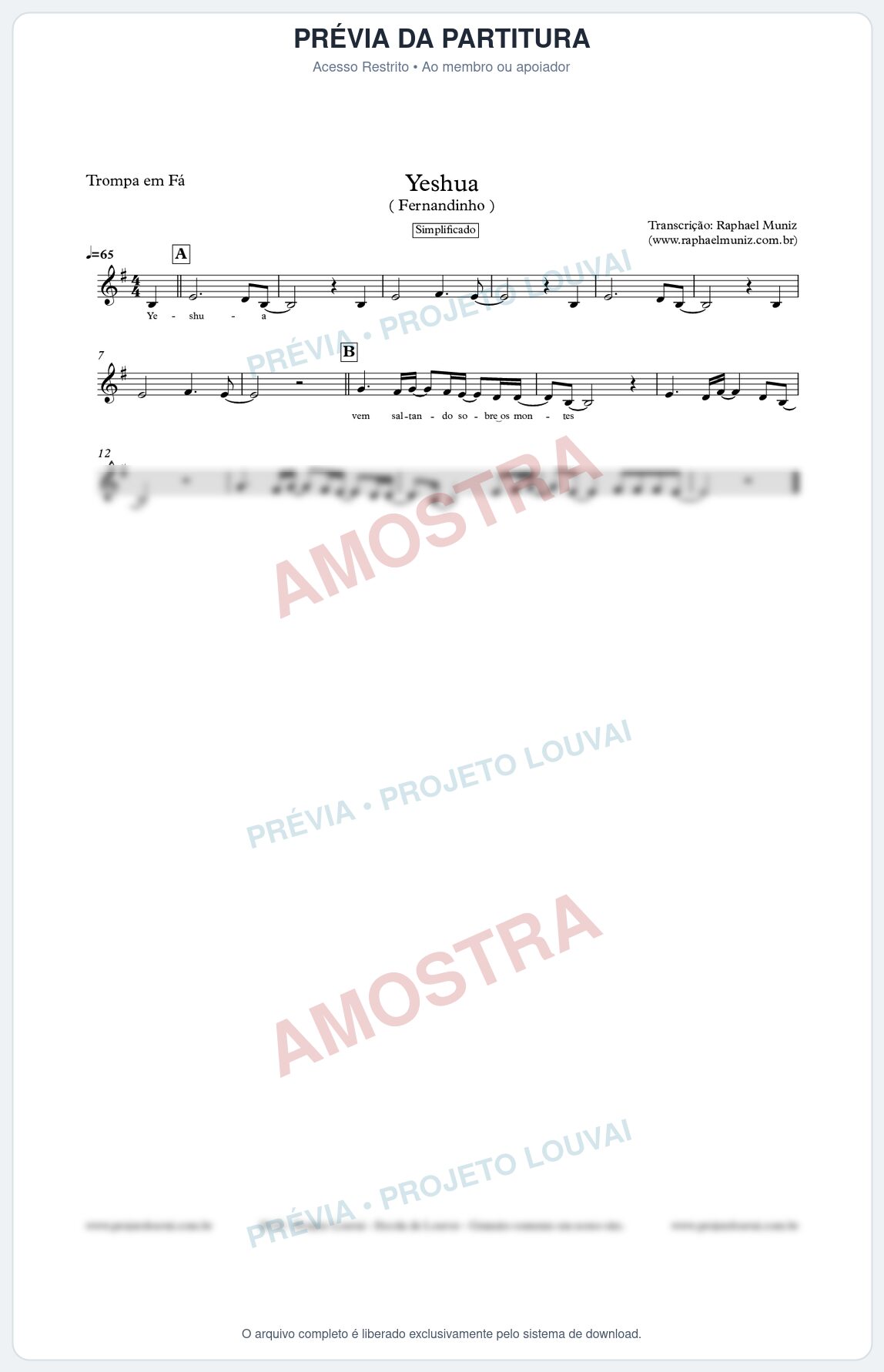 Prévia protegida da primeira página da partitura Partitura para Trompa em Fá - Yeshua (Simplificado) - Fernandinho