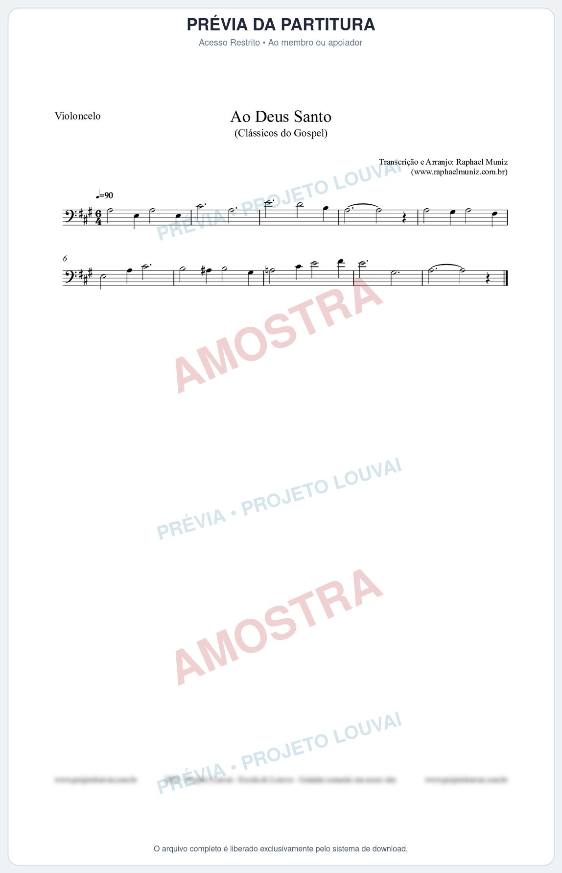 Prévia protegida da primeira página da partitura Partitura para Violoncelo - Ao Deus Santo - CC nº4 - Clássicos do Gospel