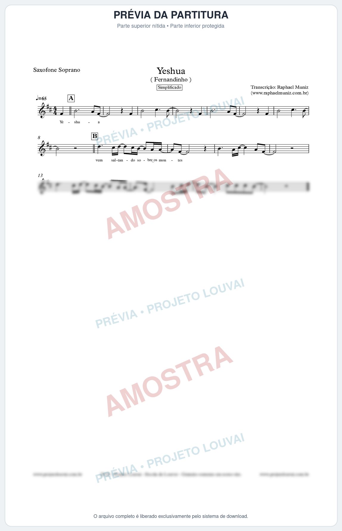 Prévia protegida da primeira página da partitura Partitura para Sax Soprano - Yeshua (Simplificado) - Fernandinho