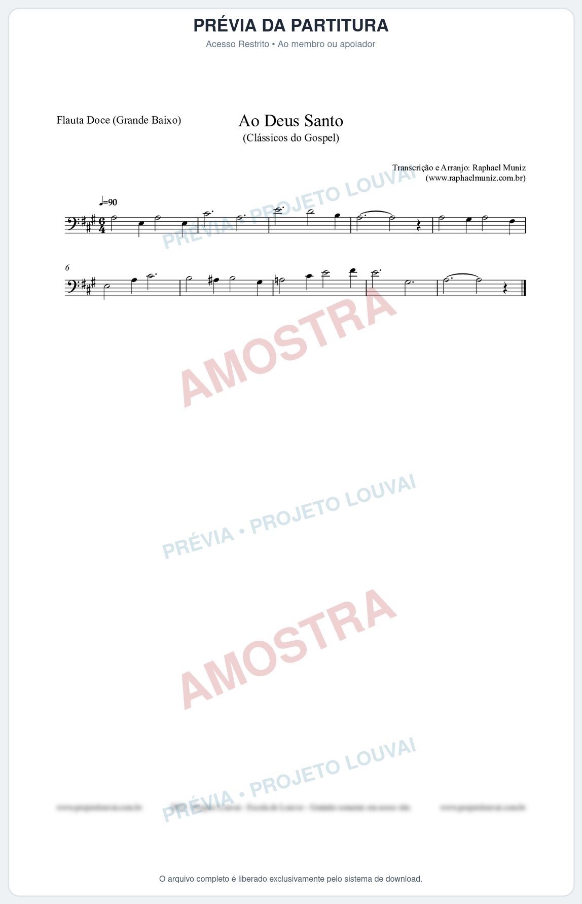 Prévia protegida da primeira página da partitura Partitura para Flauta Doce (Grande Baixo) - Ao Deus Santo - CC nº4 - Clássicos do Gospel
