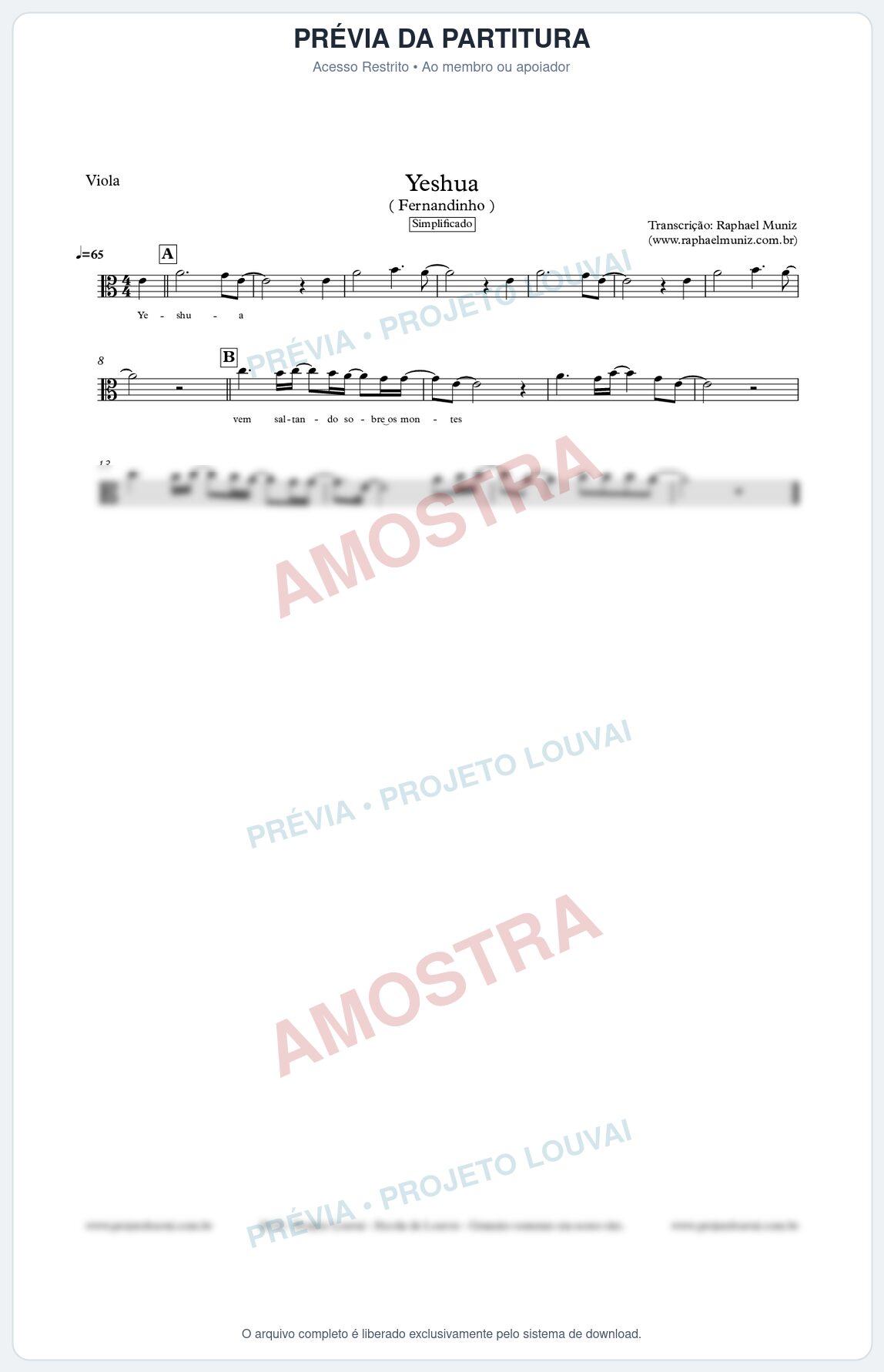 Prévia protegida da primeira página da partitura Partitura para Viola - Yeshua (Simplificado) - Fernandinho
