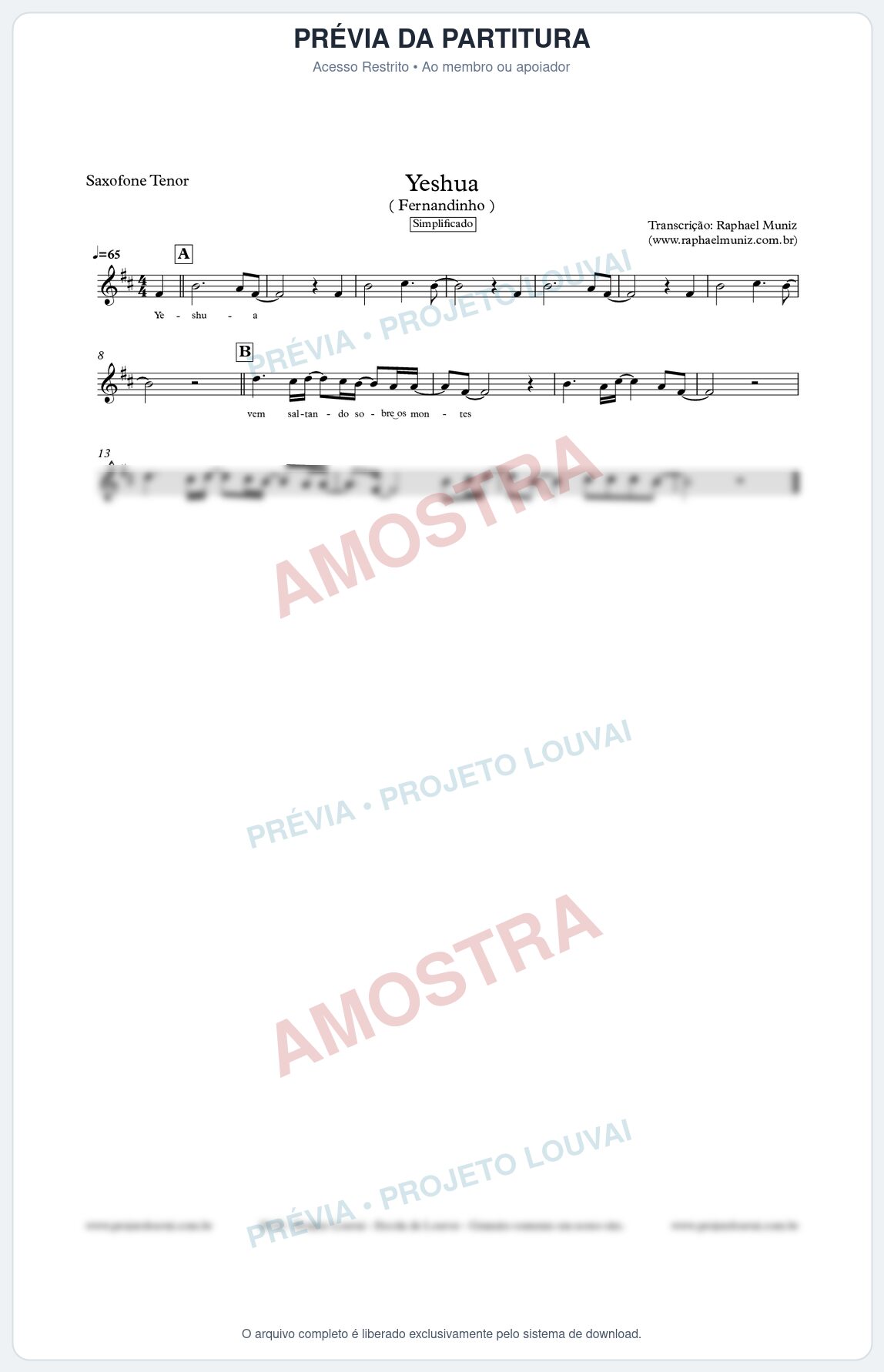 Prévia protegida da primeira página da partitura Partitura para Sax Tenor - Yeshua (Simplificado) - Fernandinho