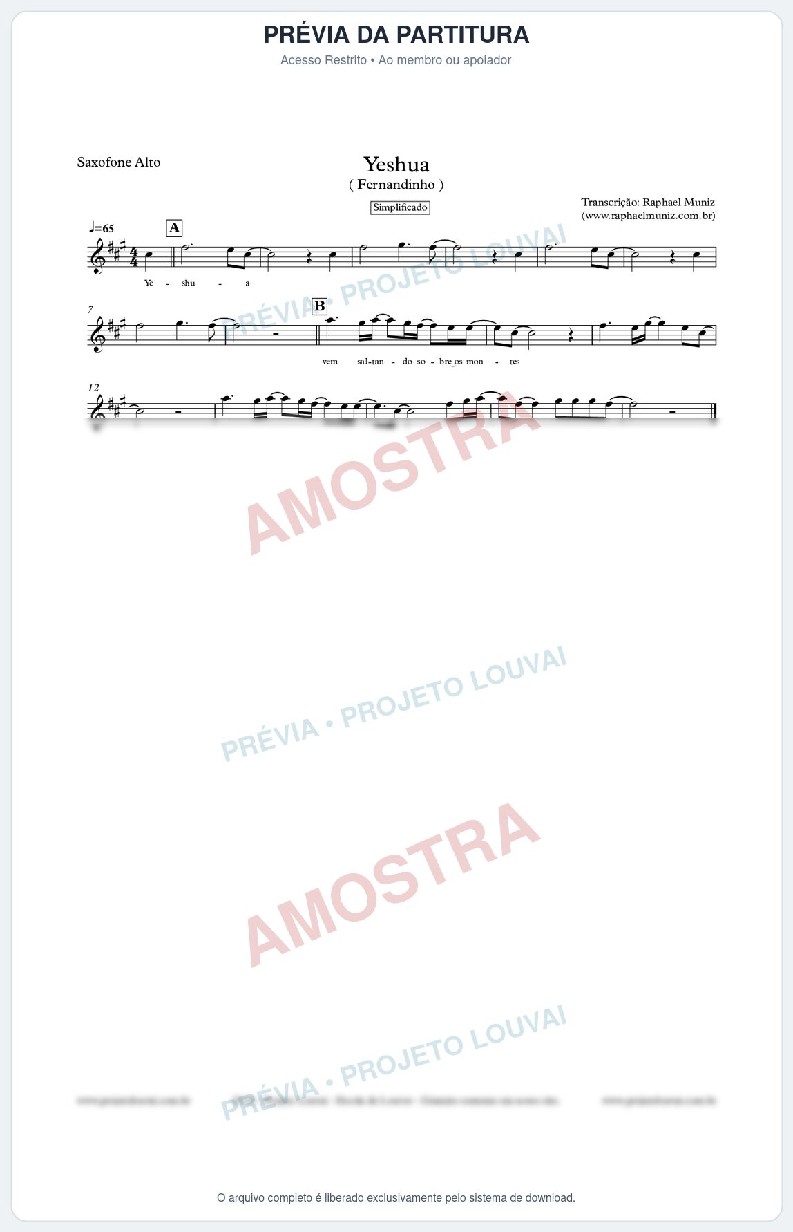 Prévia protegida da primeira página da partitura Partitura para Sax Alto - Yeshua (Simplificado) - Fernandinho