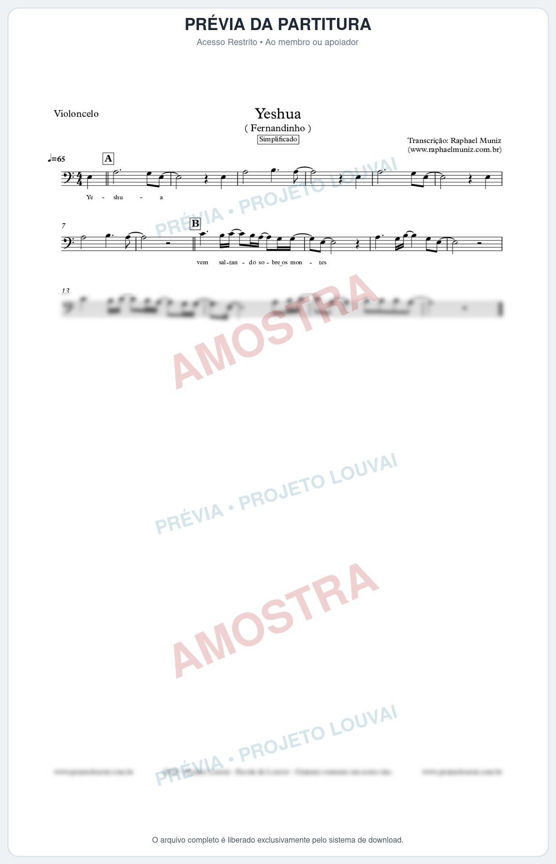 Prévia protegida da primeira página da partitura Partitura para Violoncelo - Yeshua (Simplificado) - Fernandinho