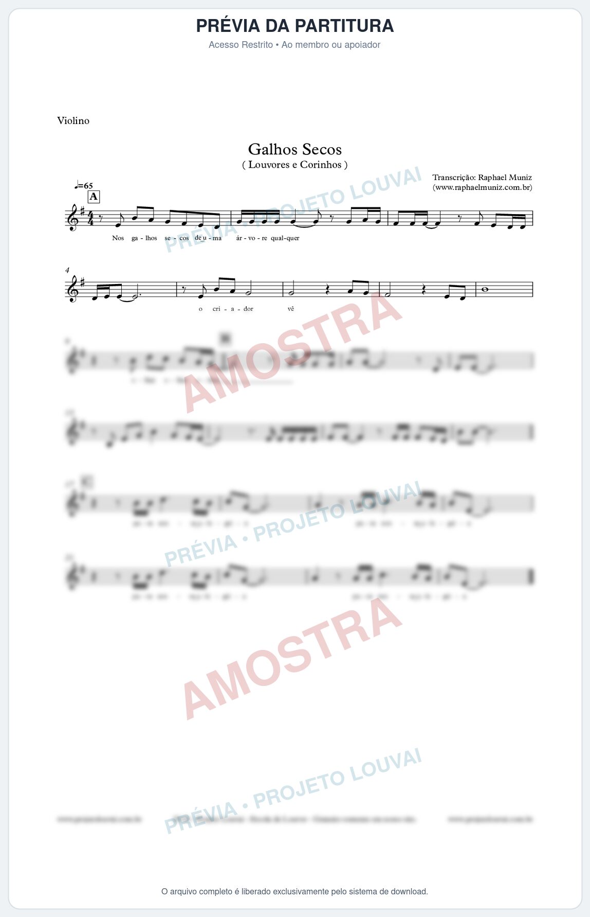 Prévia protegida da primeira página da partitura Partitura para Violino - Galhos Secos - Louvores e Corinhos Gospel
