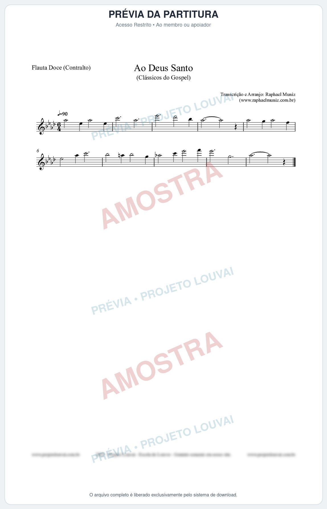 Prévia protegida da primeira página da partitura Partitura para Flauta Doce (Contralto) - Ao Deus Santo - CC nº4 - Clássicos do Gospel