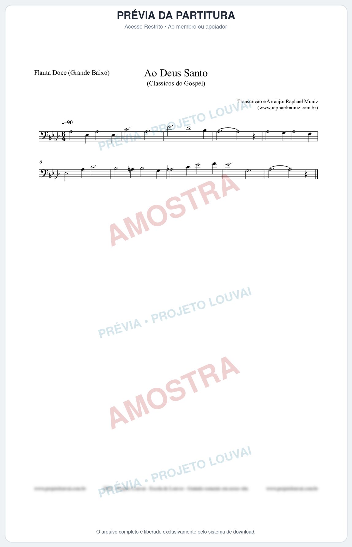 Prévia protegida da primeira página da partitura Partitura para Flauta Doce (Grande Baixo) - Ao Deus Santo - CC nº4 - Clássicos do Gospel