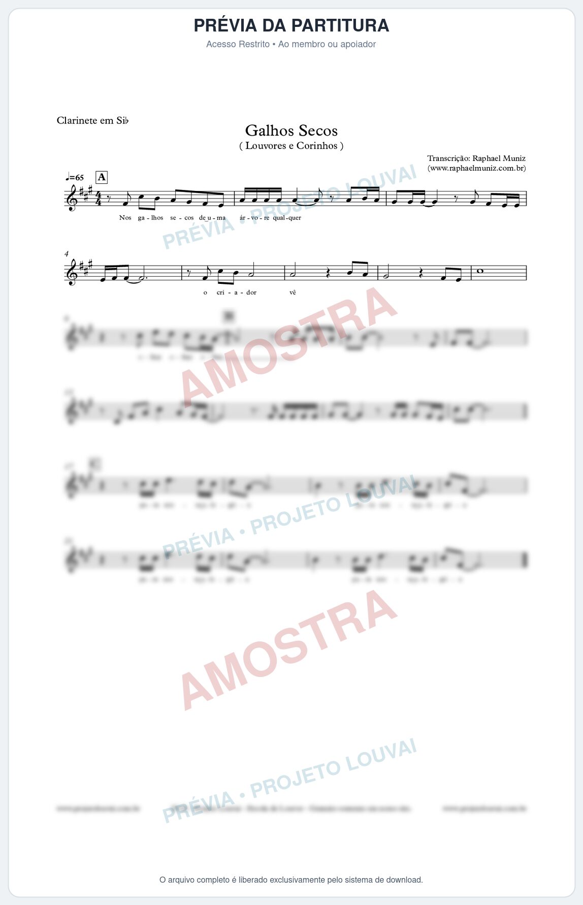 Prévia protegida da primeira página da partitura Partitura para Clarinete - Galhos Secos - Louvores e Corinhos Gospel