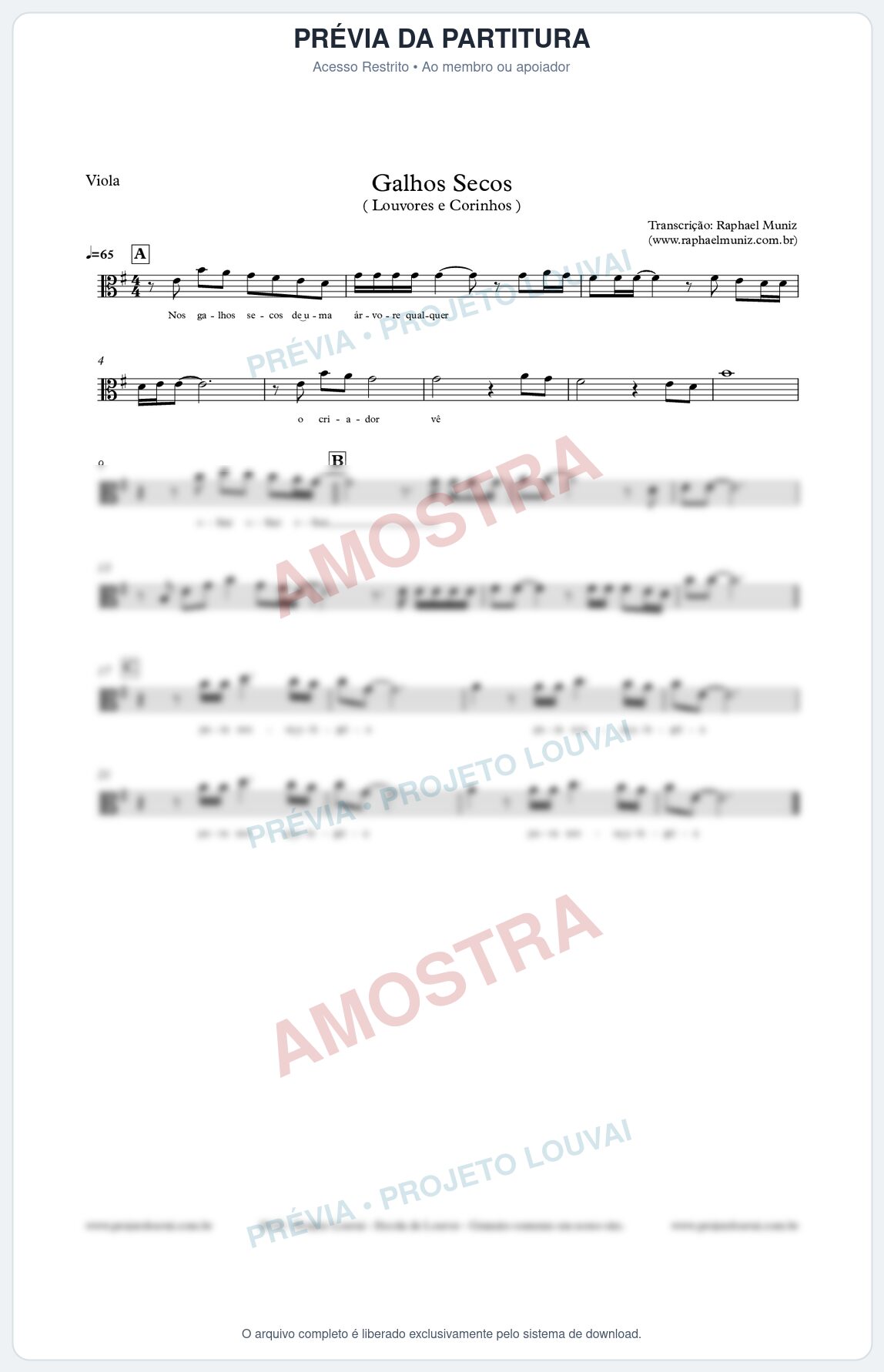 Prévia protegida da primeira página da partitura Partitura para Viola - Galhos Secos - Louvores e Corinhos Gospel