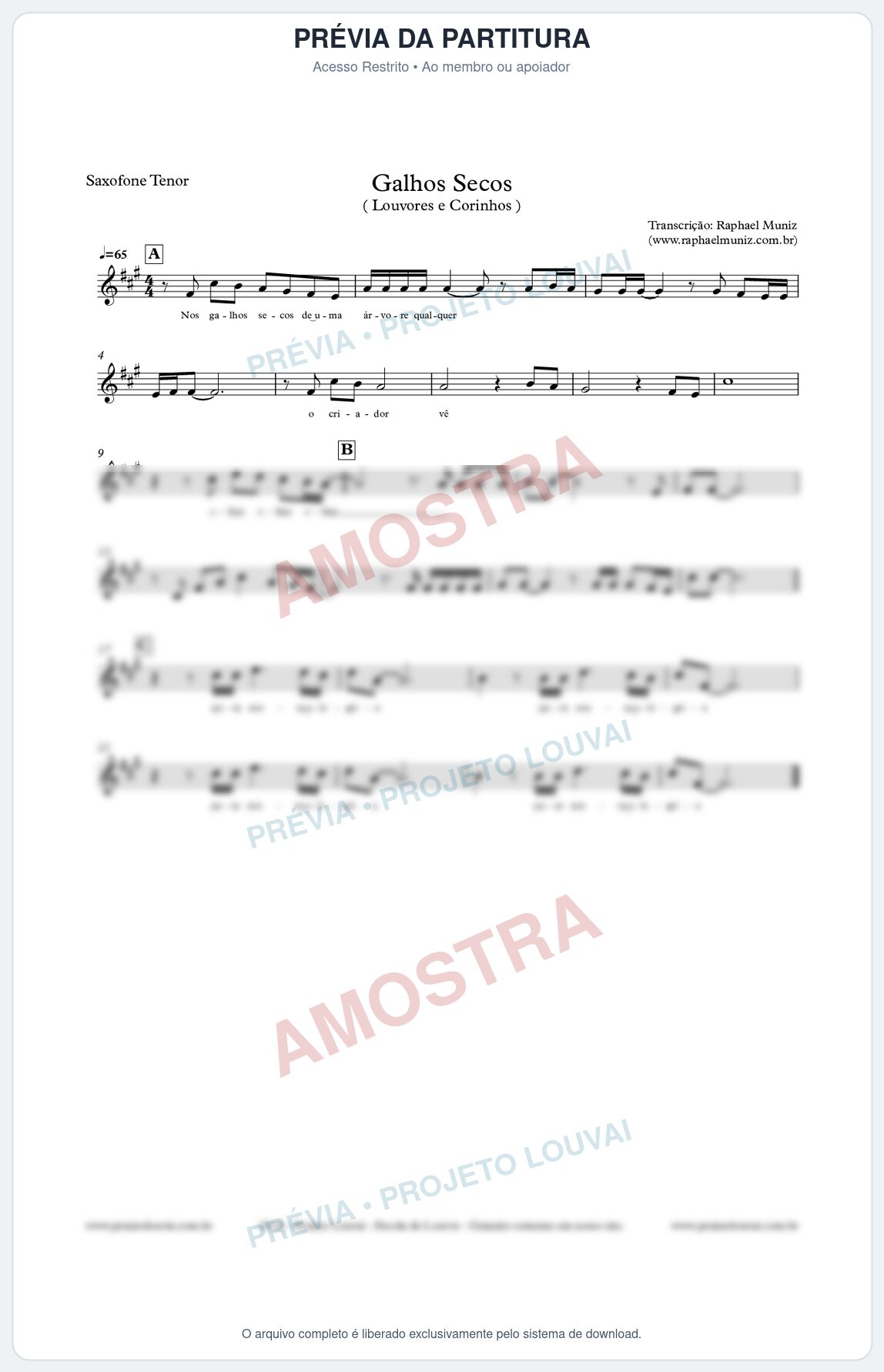 Prévia protegida da primeira página da partitura Partitura para Sax Tenor - Galhos Secos - Louvores e Corinhos Gospel