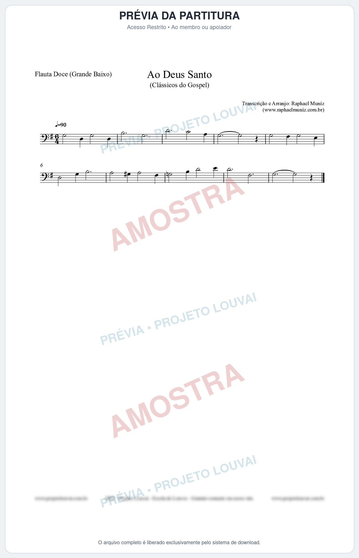 Prévia protegida da primeira página da partitura Partitura para Flauta Doce (Grande Baixo) - Ao Deus Santo - CC nº4 - Clássicos do Gospel