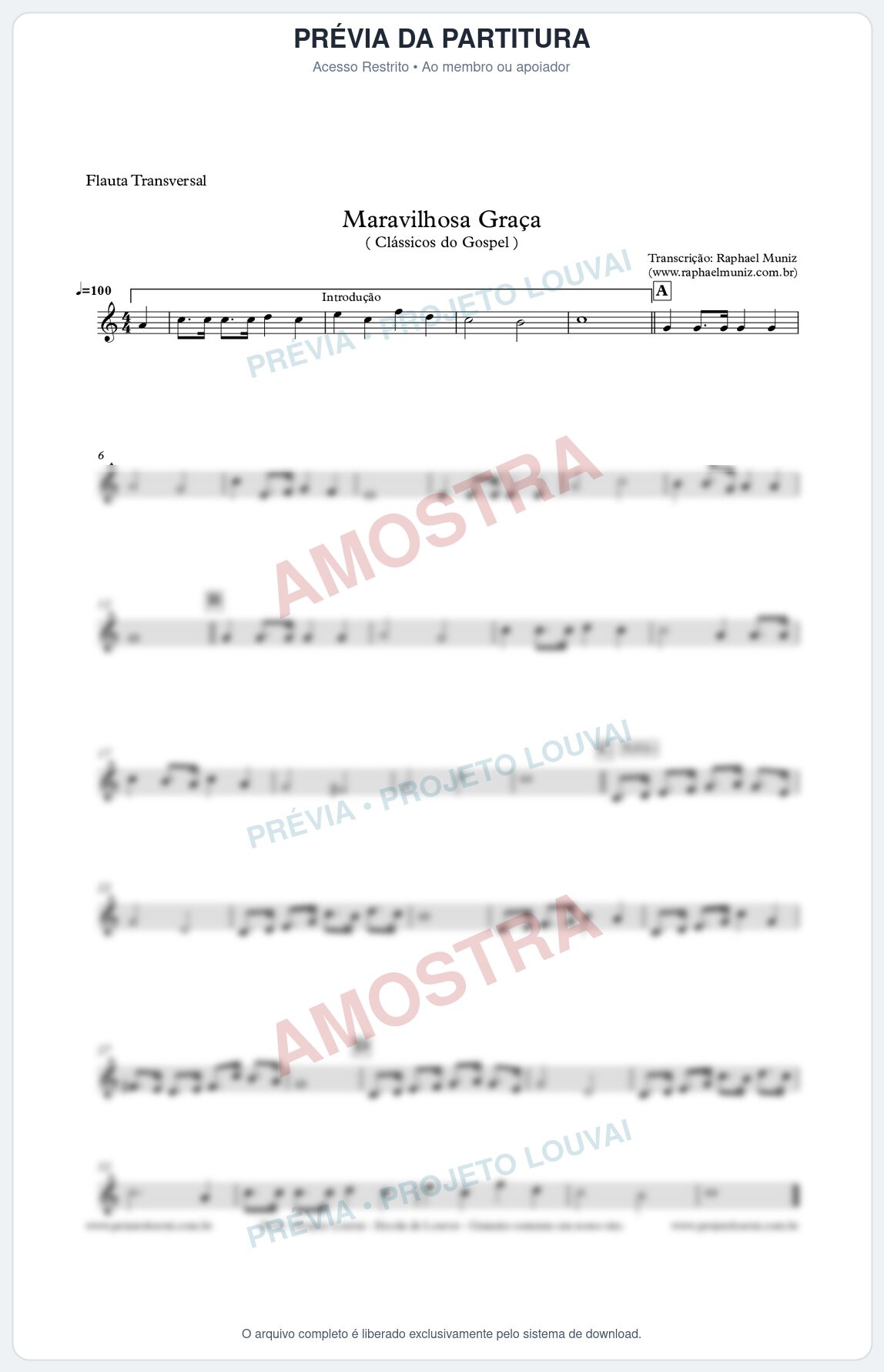 Prévia protegida da primeira página da partitura Partitura para Flauta Transversal - Maravilhosa Graça - Clássicos do Gospel