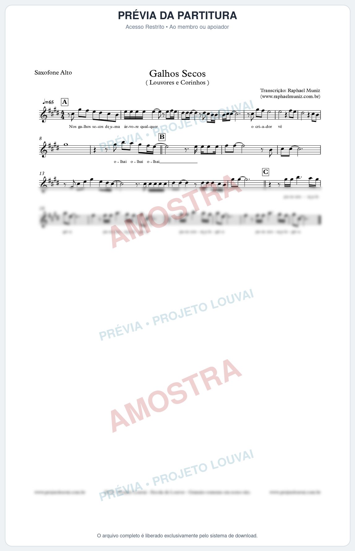 Prévia protegida da primeira página da partitura Partitura para Sax Alto - Galhos Secos - Louvores e Corinhos Gospel