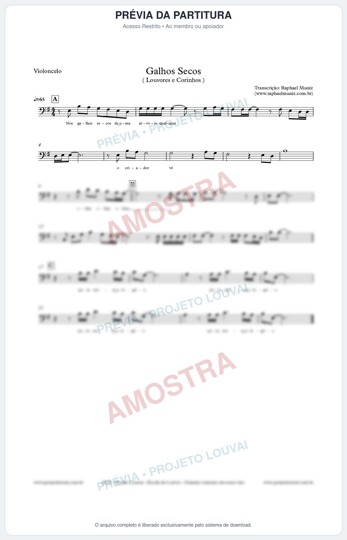 Prévia protegida da primeira página da partitura Partitura para Violoncelo - Galhos Secos - Louvores e Corinhos Gospel
