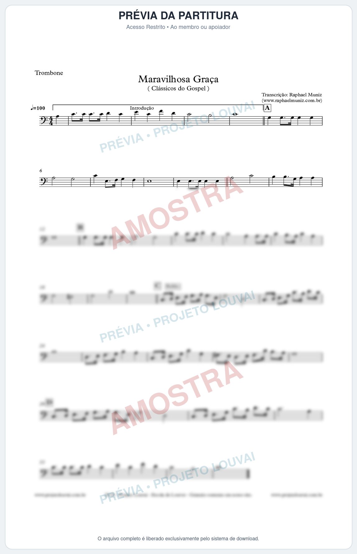 Prévia protegida da primeira página da partitura Partitura para Trombone - Maravilhosa Graça - Clássicos do Gospel