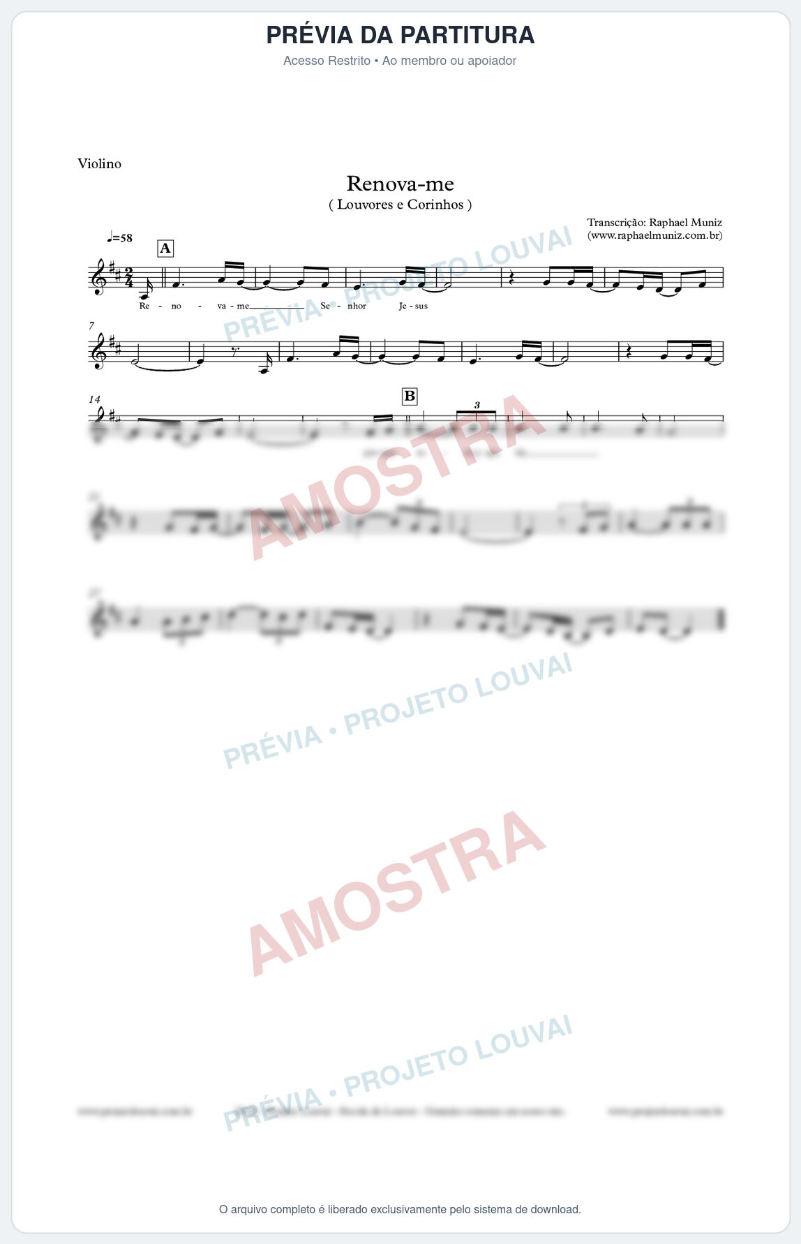 Prévia protegida da primeira página da partitura Partitura para Violino - Renova-me - Louvores e Corinhos Gospel