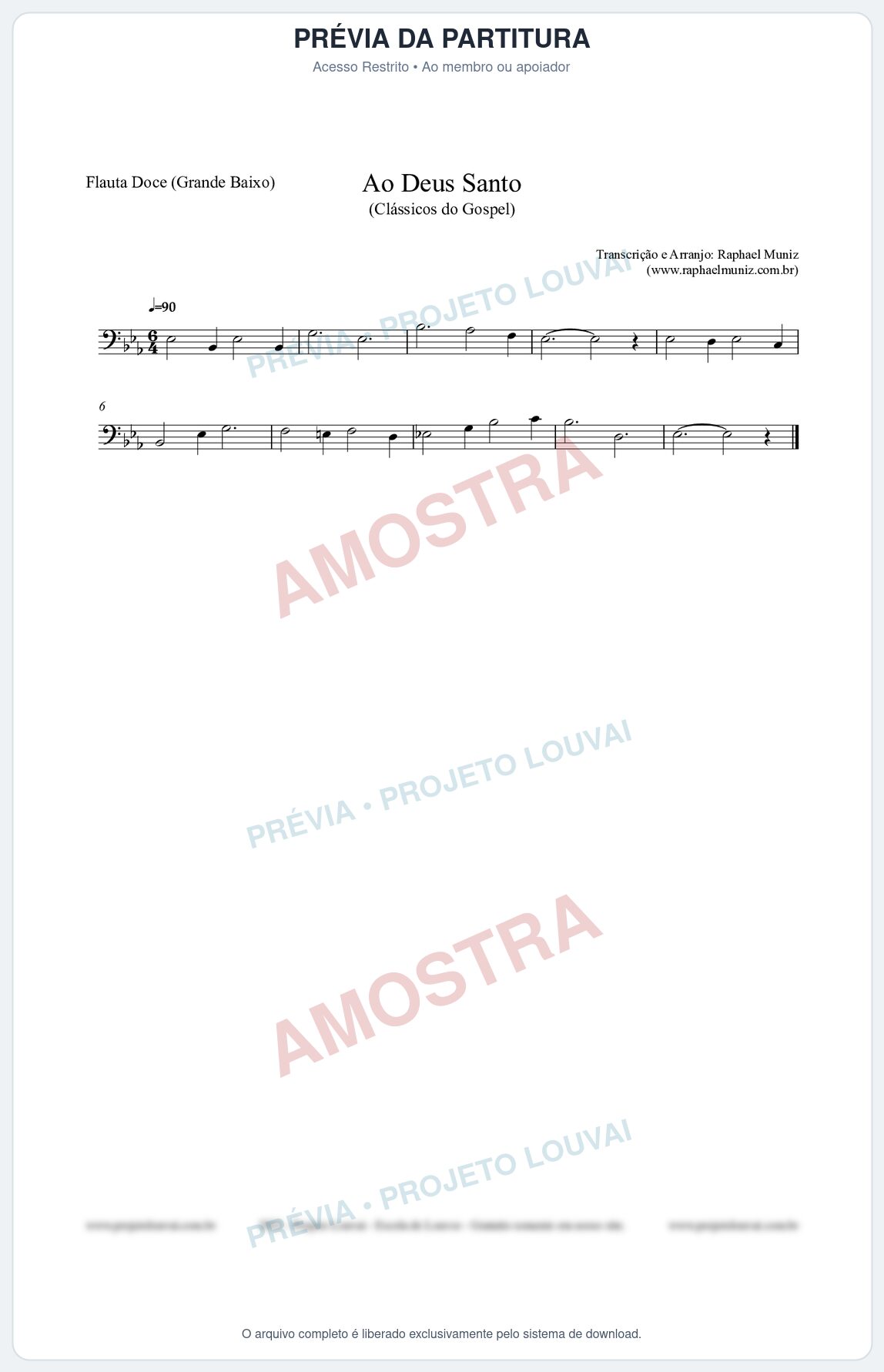 Prévia protegida da primeira página da partitura Partitura para Flauta Doce (Grande Baixo) - Ao Deus Santo - CC nº4 - Clássicos do Gospel