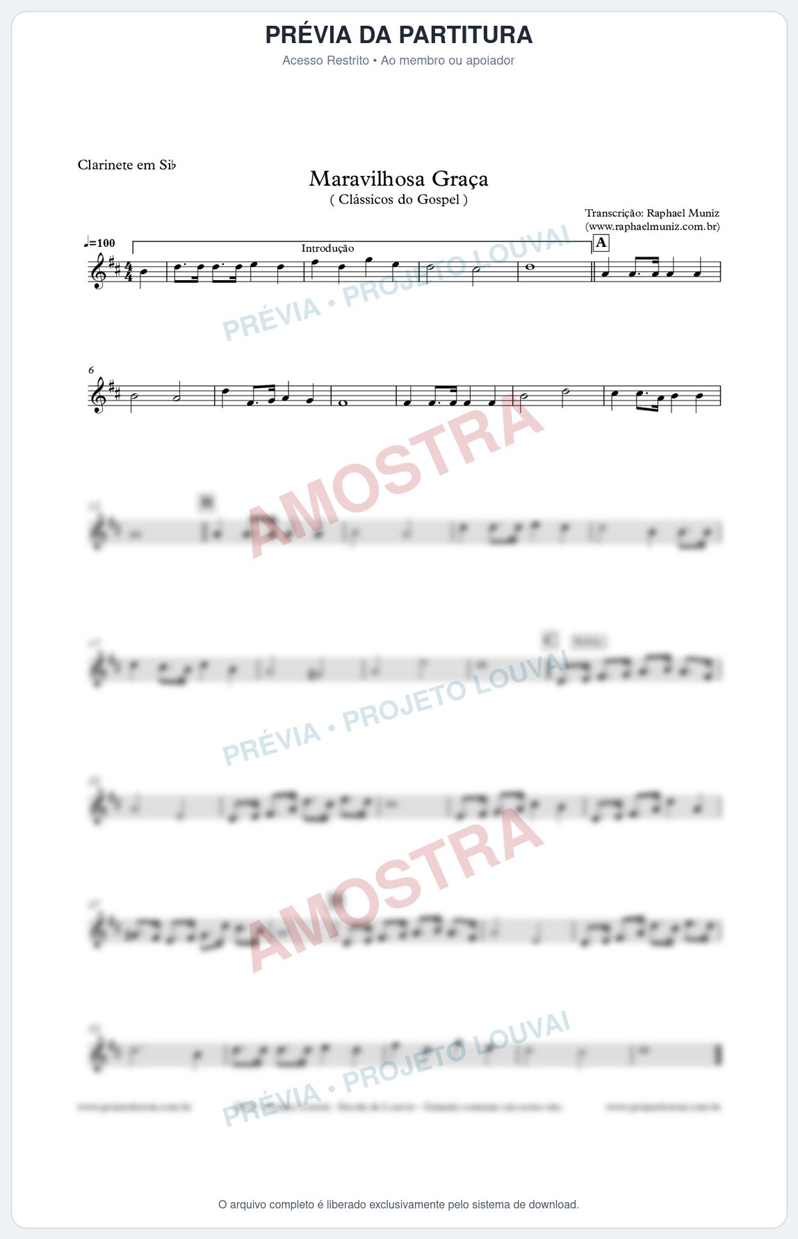 Prévia protegida da primeira página da partitura Partitura para Clarinete - Maravilhosa Graça - Clássicos do Gospel