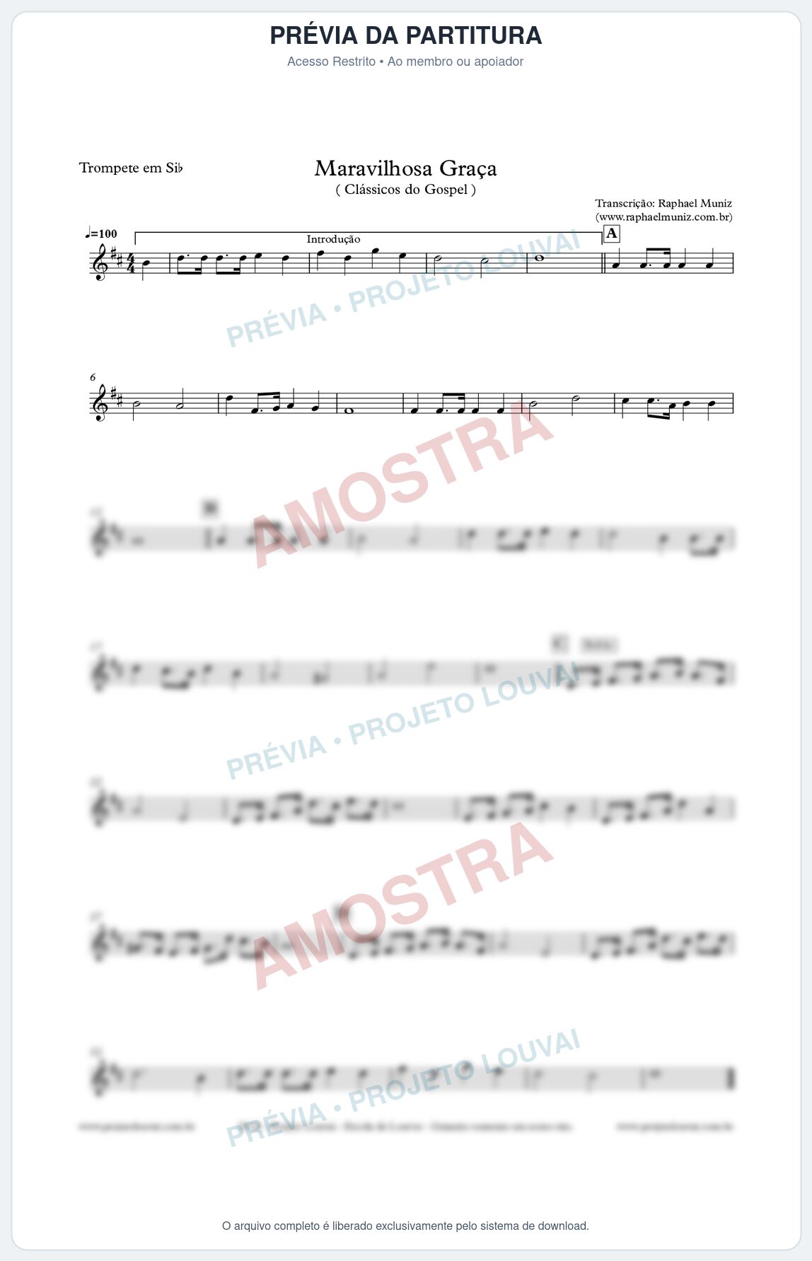 Prévia protegida da primeira página da partitura Partitura para Trompete - Maravilhosa Graça - Clássicos do Gospel