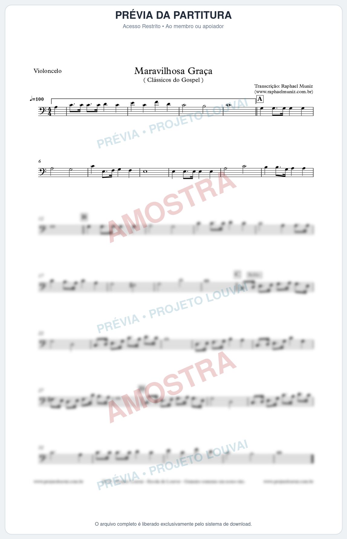 Prévia protegida da primeira página da partitura Partitura para Violoncelo - Maravilhosa Graça - Clássicos do Gospel
