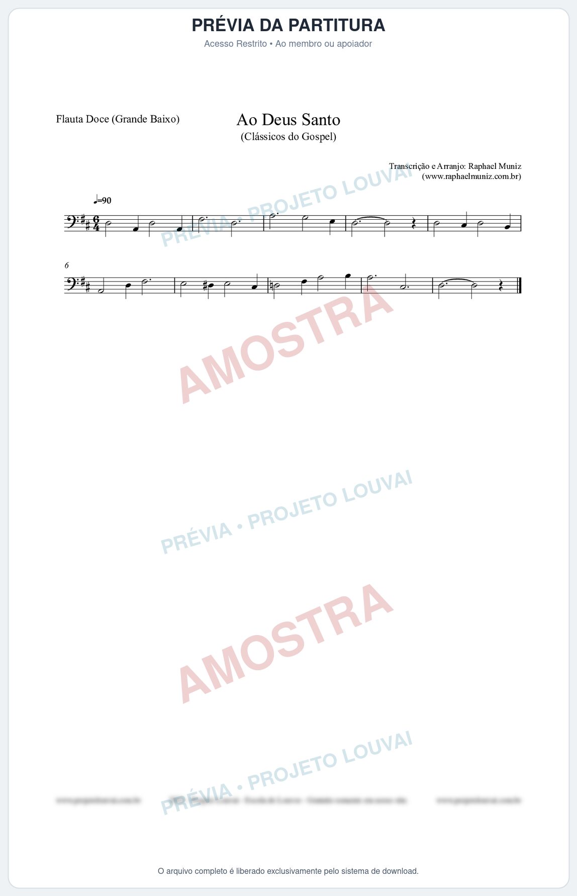Prévia protegida da primeira página da partitura Partitura para Flauta Doce (Grande Baixo) - Ao Deus Santo - CC nº4 - Clássicos do Gospel