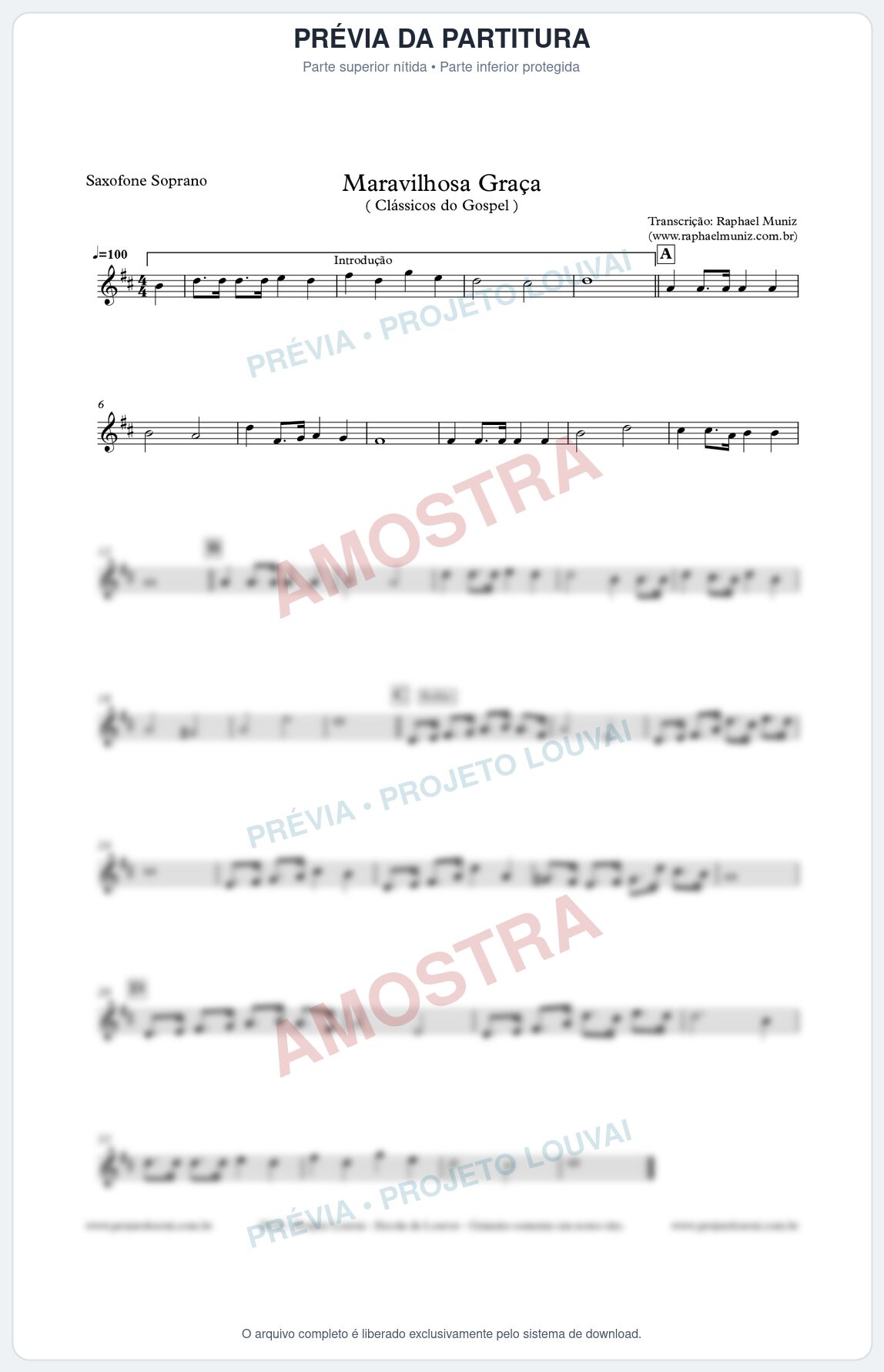 Prévia protegida da primeira página da partitura Partitura para Sax Soprano - Maravilhosa Graça - Clássicos do Gospel