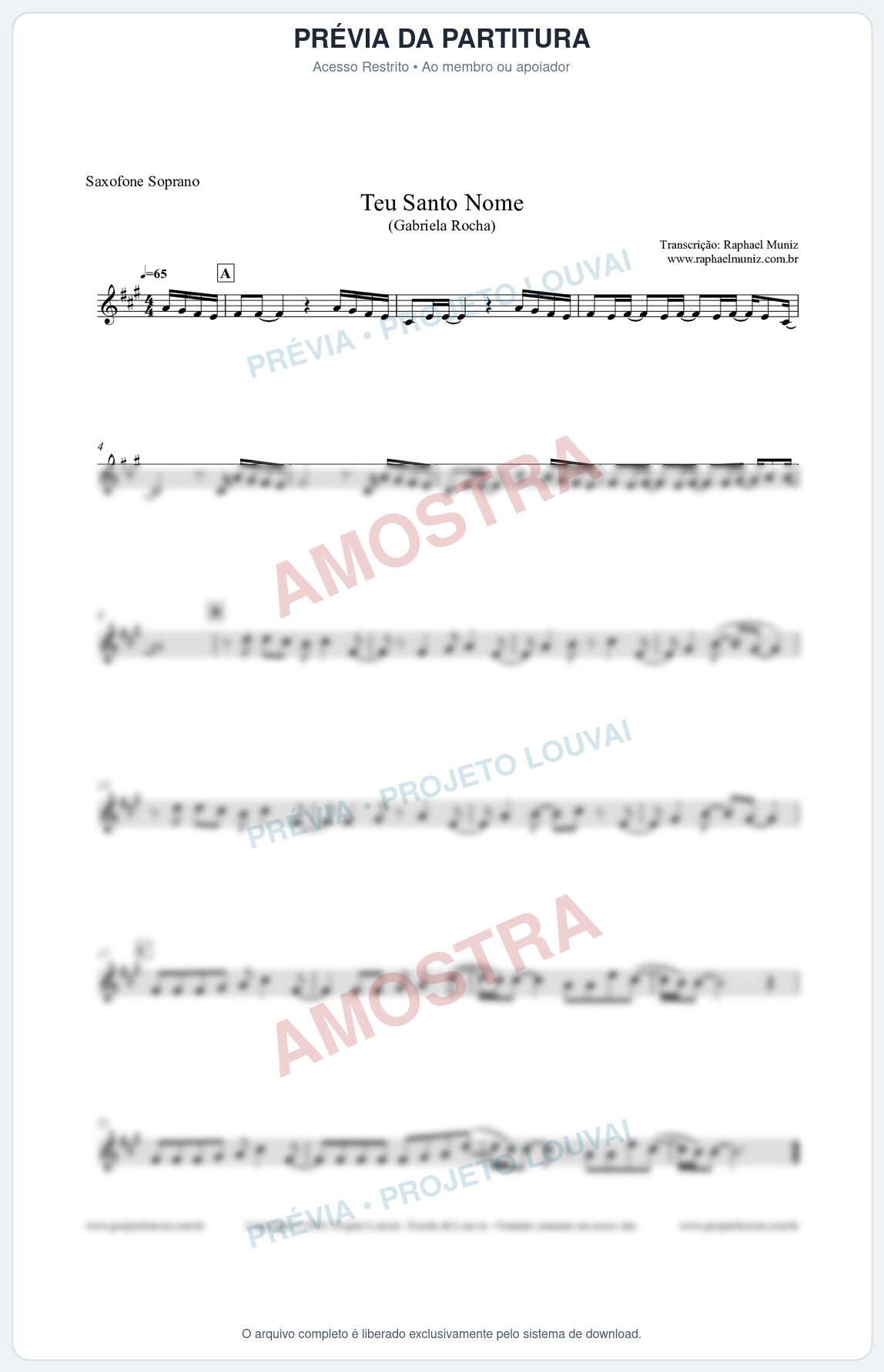 Prévia protegida da primeira página da partitura Partitura para Sax Soprano - Teu Santo Nome - Gabriela Rocha