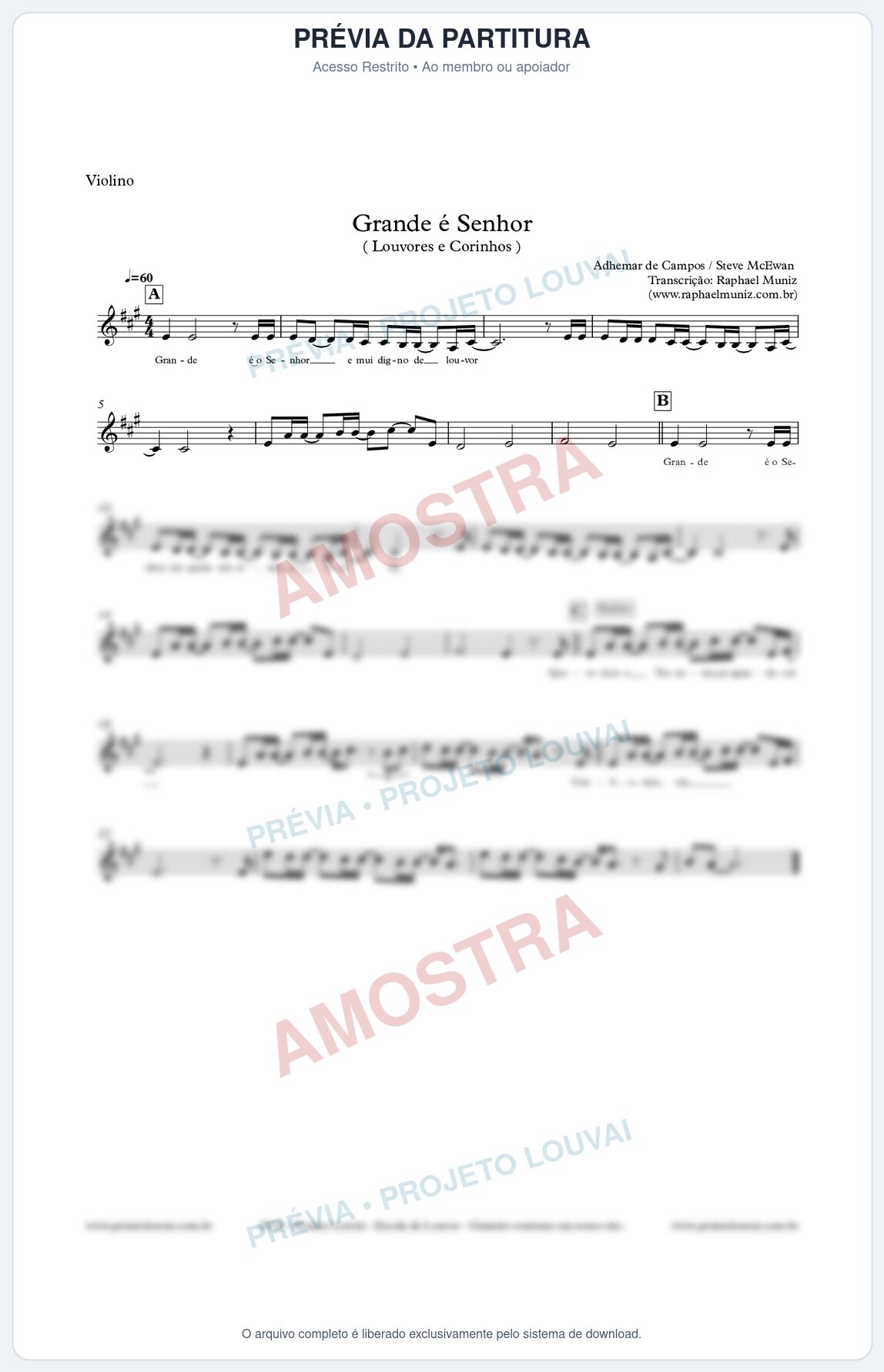 Prévia protegida da primeira página da partitura Partitura para Violino - Grande é o Senhor - Adhemar de Campos - Louvores e Corinhos