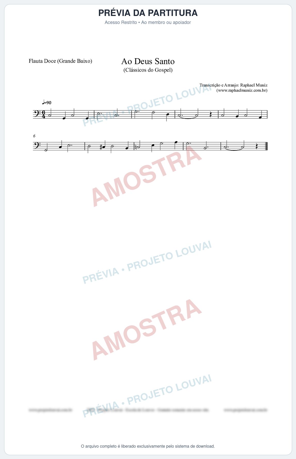 Prévia protegida da primeira página da partitura Partitura para Flauta Doce (Grande Baixo) - Ao Deus Santo - CC nº4 - Clássicos do Gospel