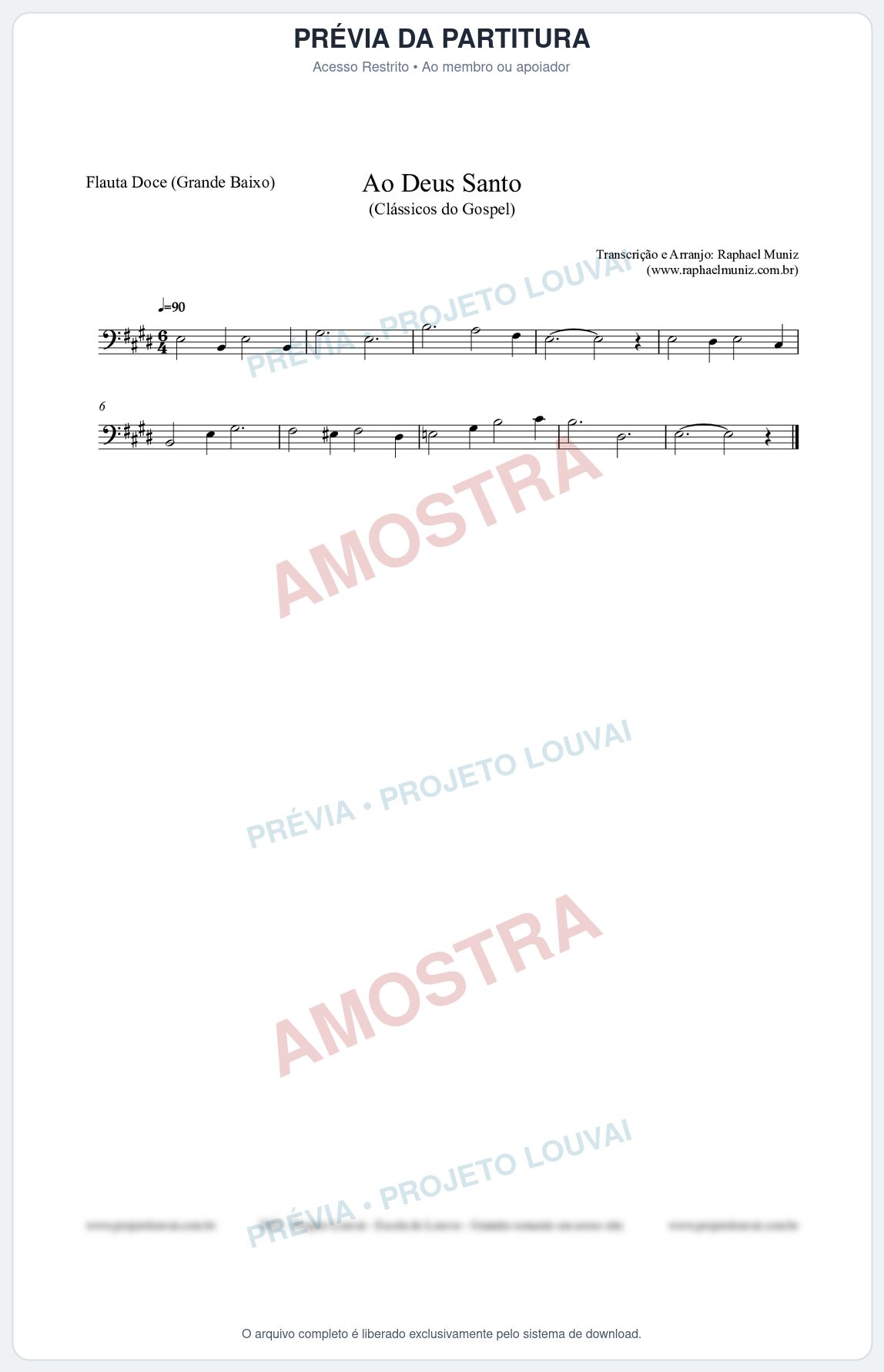 Prévia protegida da primeira página da partitura Partitura para Flauta Doce (Grande Baixo) - Ao Deus Santo - CC nº4 - Clássicos do Gospel