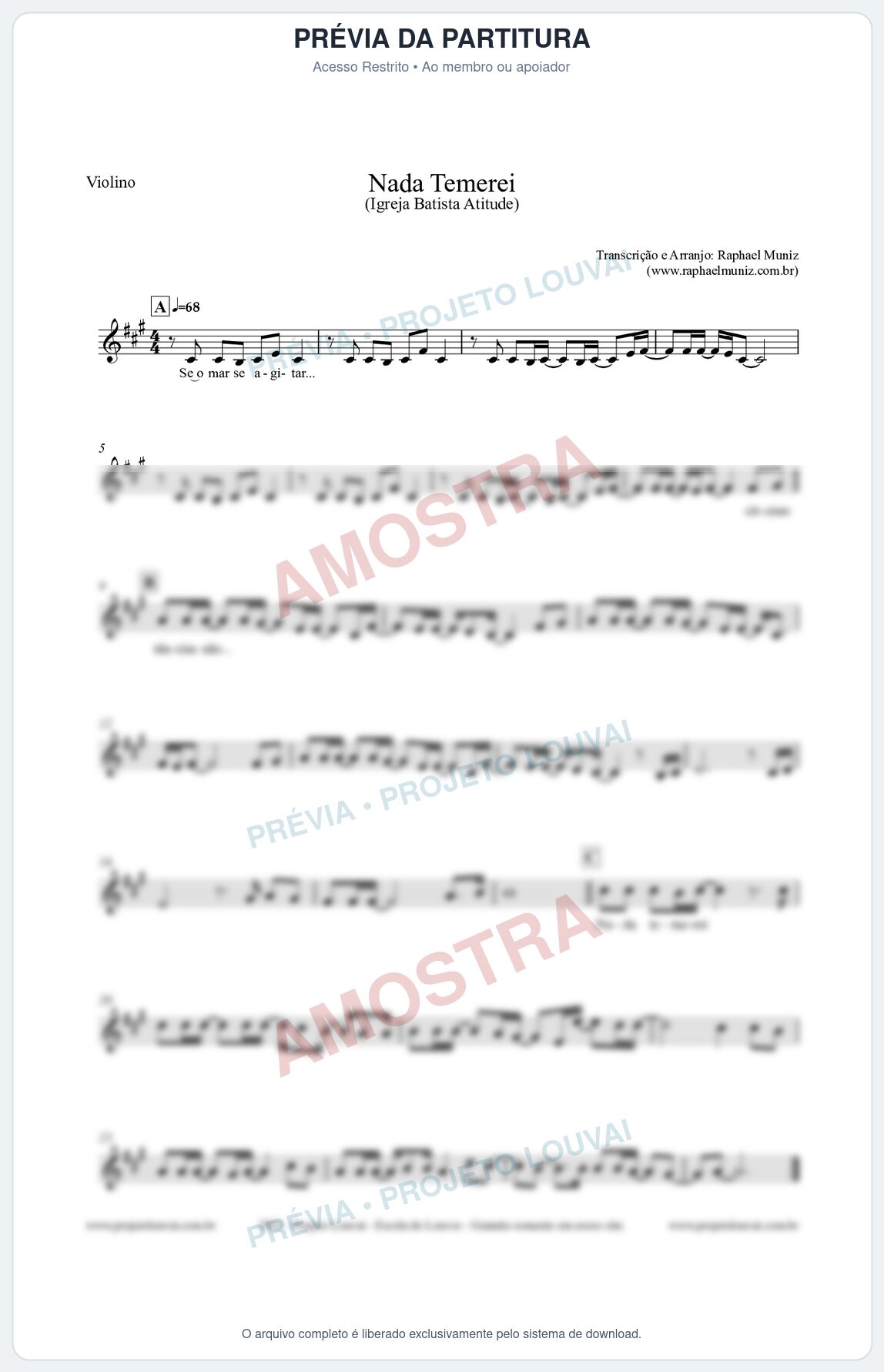 Prévia protegida da primeira página da partitura Partitura para Violino - Nada Temerei - Igreja Batista Atitude