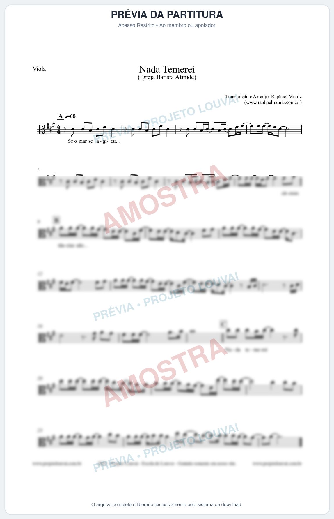 Prévia protegida da primeira página da partitura Partitura para Viola - Nada Temerei - Igreja Batista Atitude