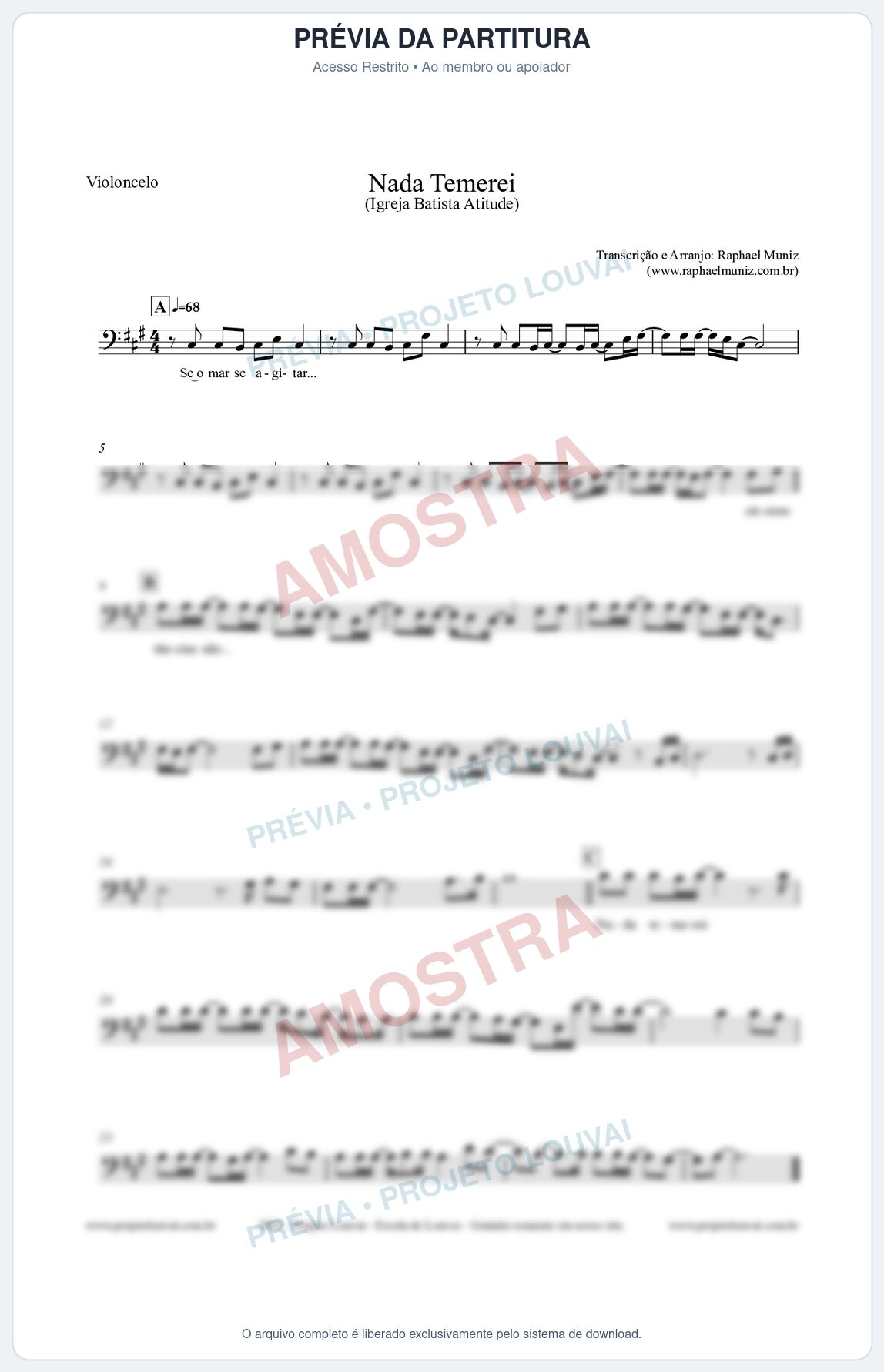 Prévia protegida da primeira página da partitura Partitura para Violoncelo - Nada Temerei - Igreja Batista Atitude