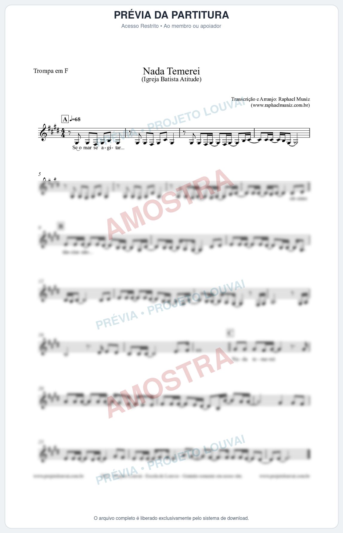 Prévia protegida da primeira página da partitura Partitura para Trompa em F - Nada Temerei - Igreja Batista Atitude