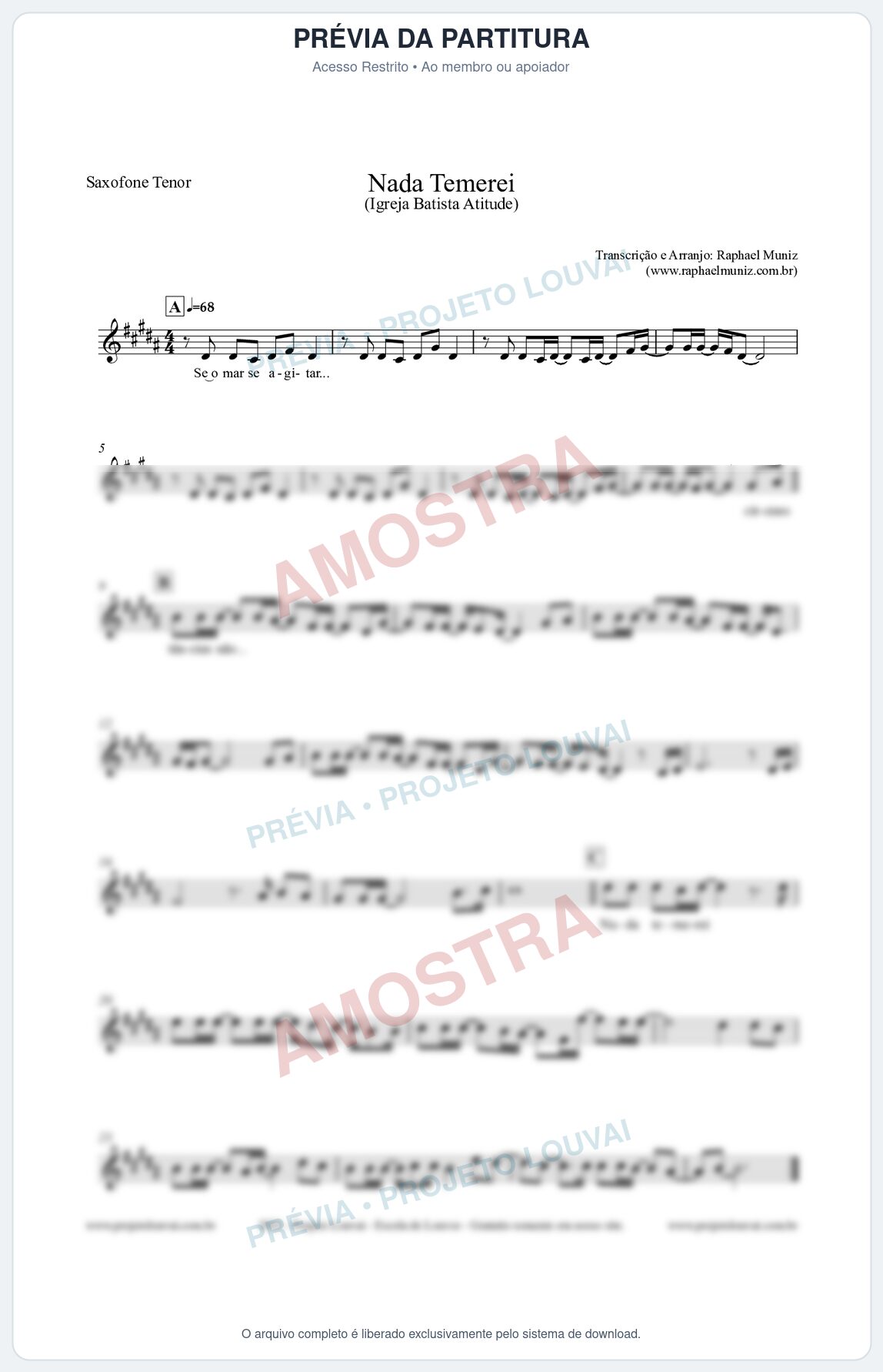Prévia protegida da primeira página da partitura Partitura para Saxofone Tenor - Nada Temerei - Igreja Batista Atitude