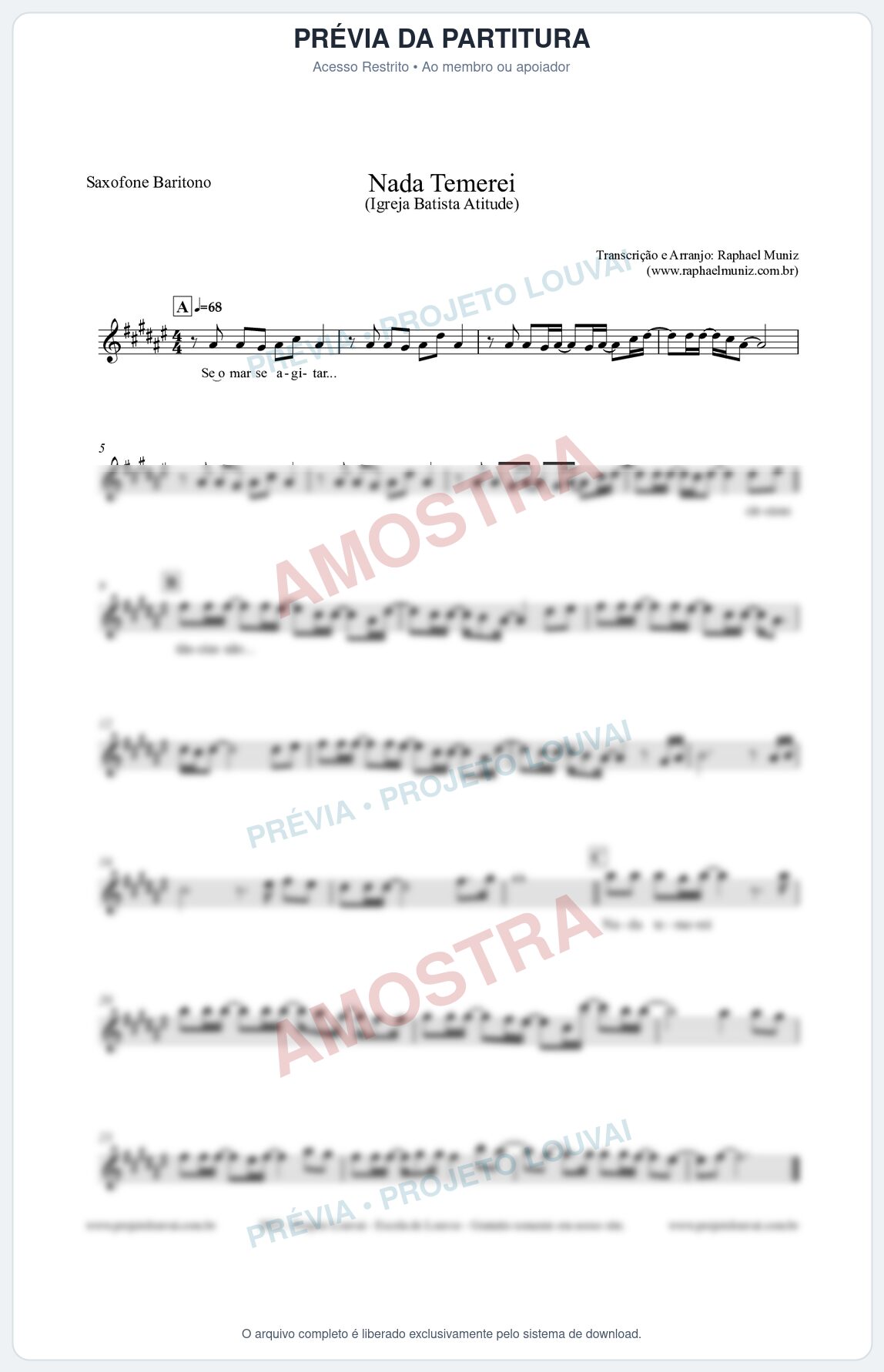 Prévia protegida da primeira página da partitura Partitura para Saxofone Barítono - Nada Temerei - Igreja Batista Atitude