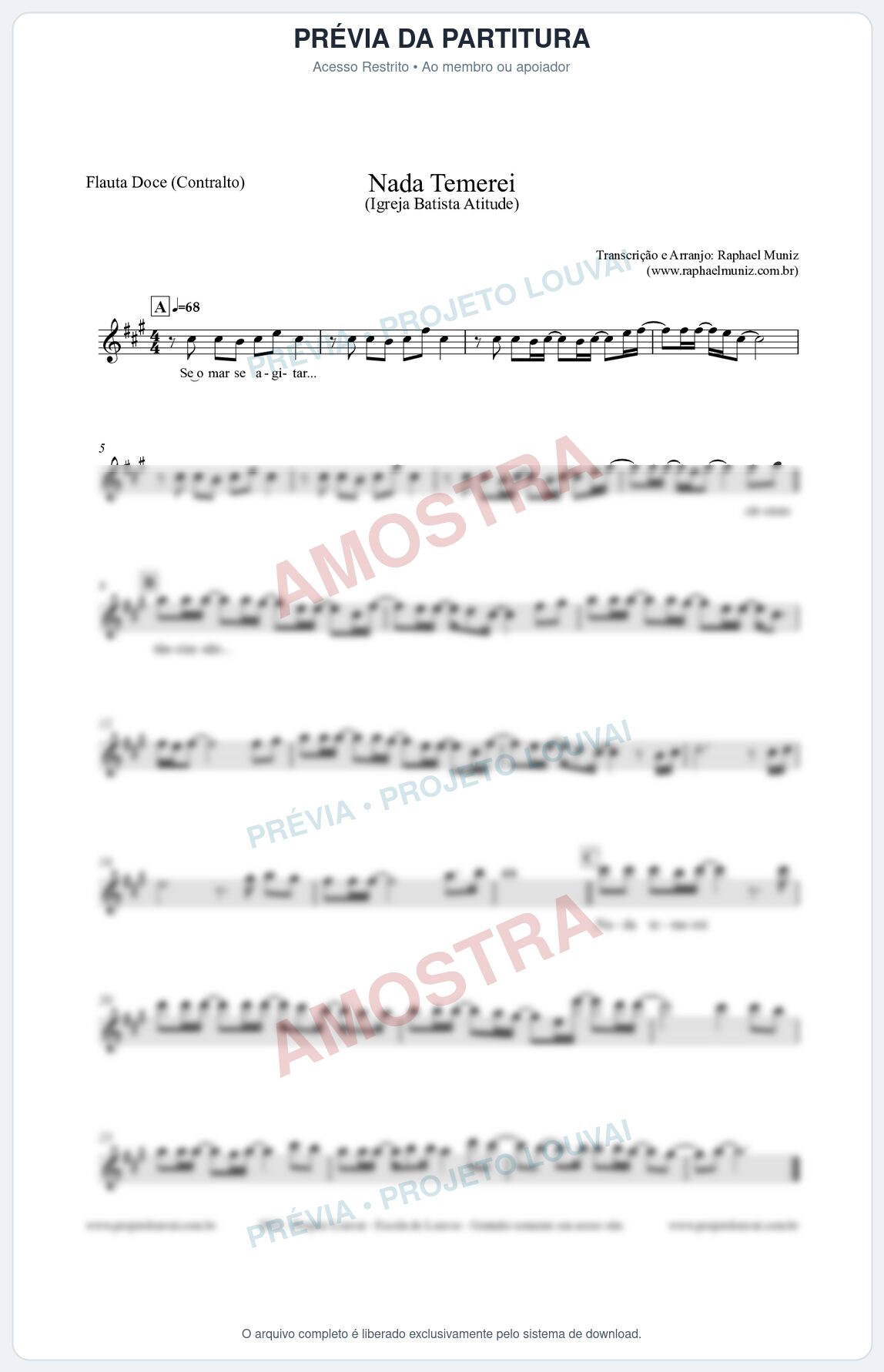 Prévia protegida da primeira página da partitura Partitura para Flauta Doce (Contralto) - Nada Temerei - Igreja Batista Atitude
